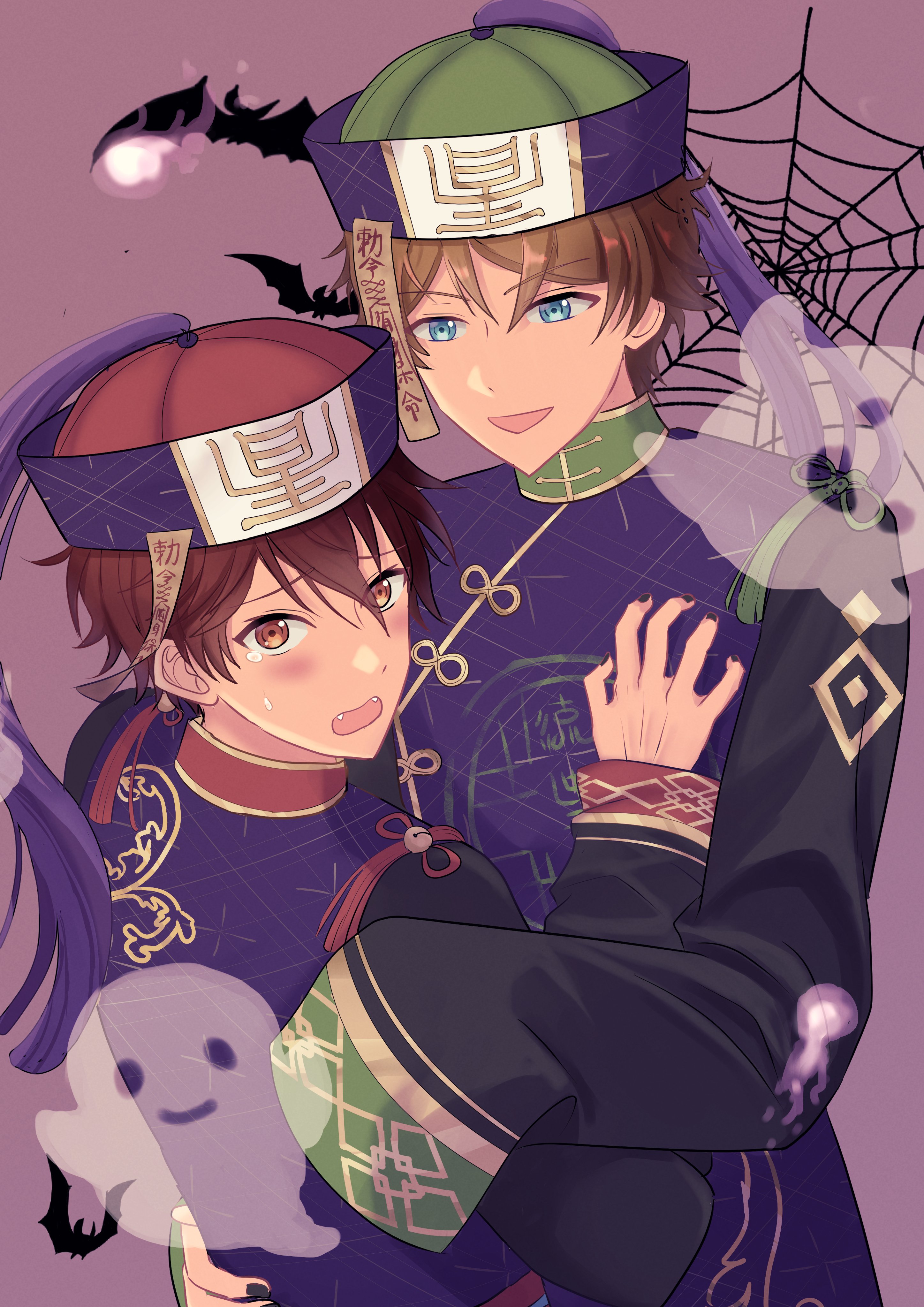 yuki suzume, morisawa chiaki, takamine midori, ensemble stars!, absurdres, commentary request, highres, 2boys, aqua eyes, bat (animal), brown eyes, brown hair, fangs, fingernails, ghost, halloween costume, hand on another's chest, hand up, jiangshi costume, long sleeves, male focus, multiple boys, nail polish, official alternate costume, open mouth, short hair, silk, spider web, sweet halloween (ensemble stars!), tears, upper body, yaoi