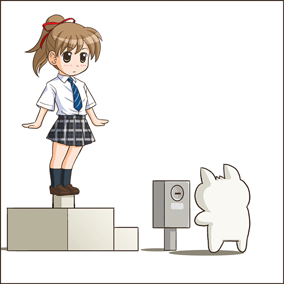 lielos, poniko (lielos), original, animated, animated gif, 1girl, blue necktie, blush, brown eyes, brown hair, clothes lift, coin, loli, necktie, panties, pantyshot, ponytail, school uniform, skirt, skirt lift, underwear, white panties