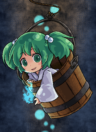 pote (ptkan), kisume, touhou, 1girl, bucket, female focus, green eyes, green hair, hair bobbles, hair ornament, in bucket, in container, japanese clothes, kimono, magic, matching hair/eyes, pixel art, short hair, smile, solo, twintails
