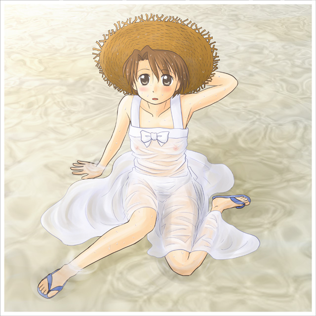 lielos, poniko (lielos), original, 1girl, blush, brown eyes, brown hair, dress, female focus, flat chest, hat, nipples, no bra, panties, ripples, sandals, see-through clothes, shallow water, sitting, solo, straw hat, sundress, underwear, wading, water, wet