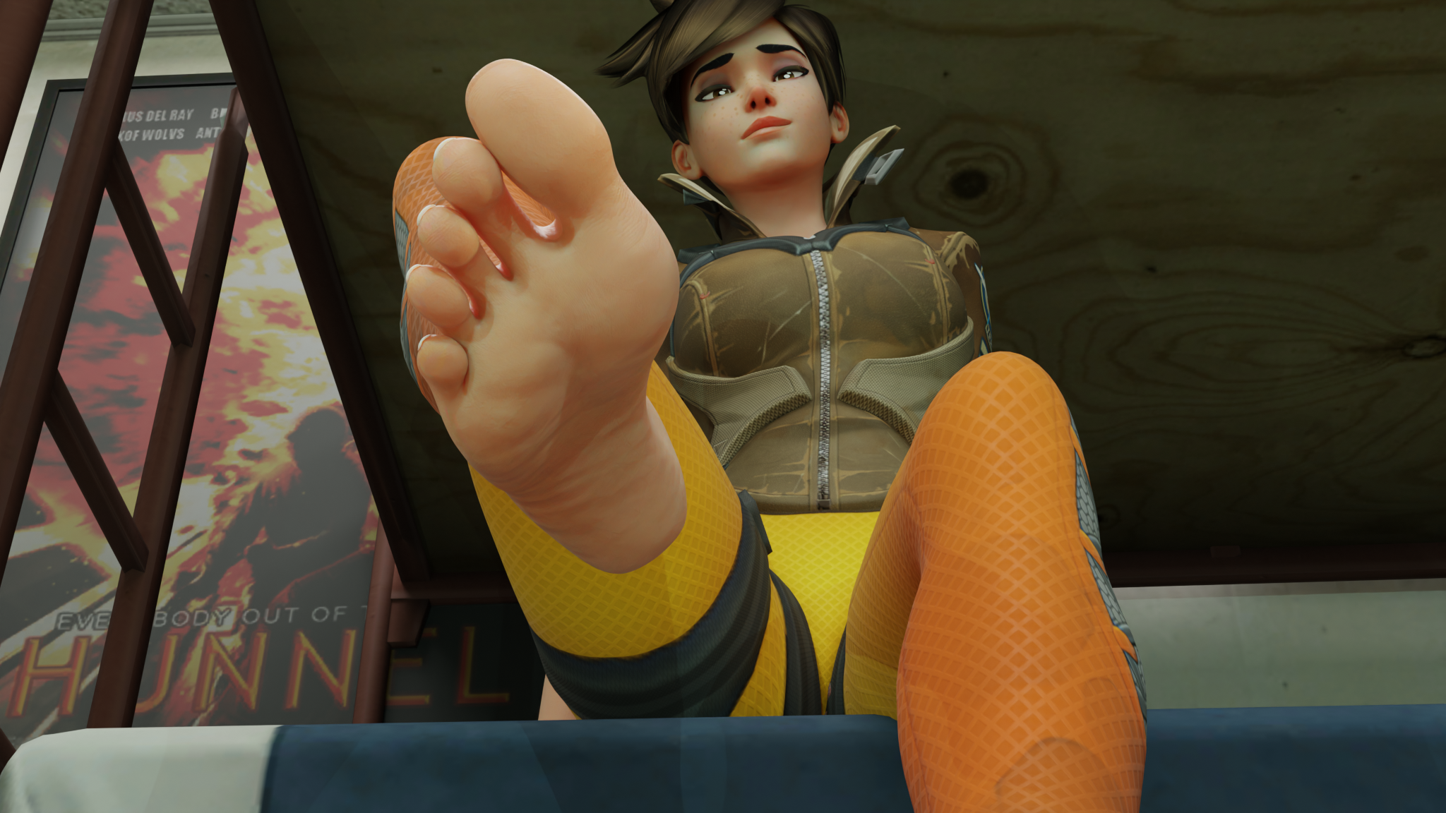 tracer (overwatch), original, overwatch, highres, self-upload, 1girl, barefoot, feet, light smile, shahbod3d