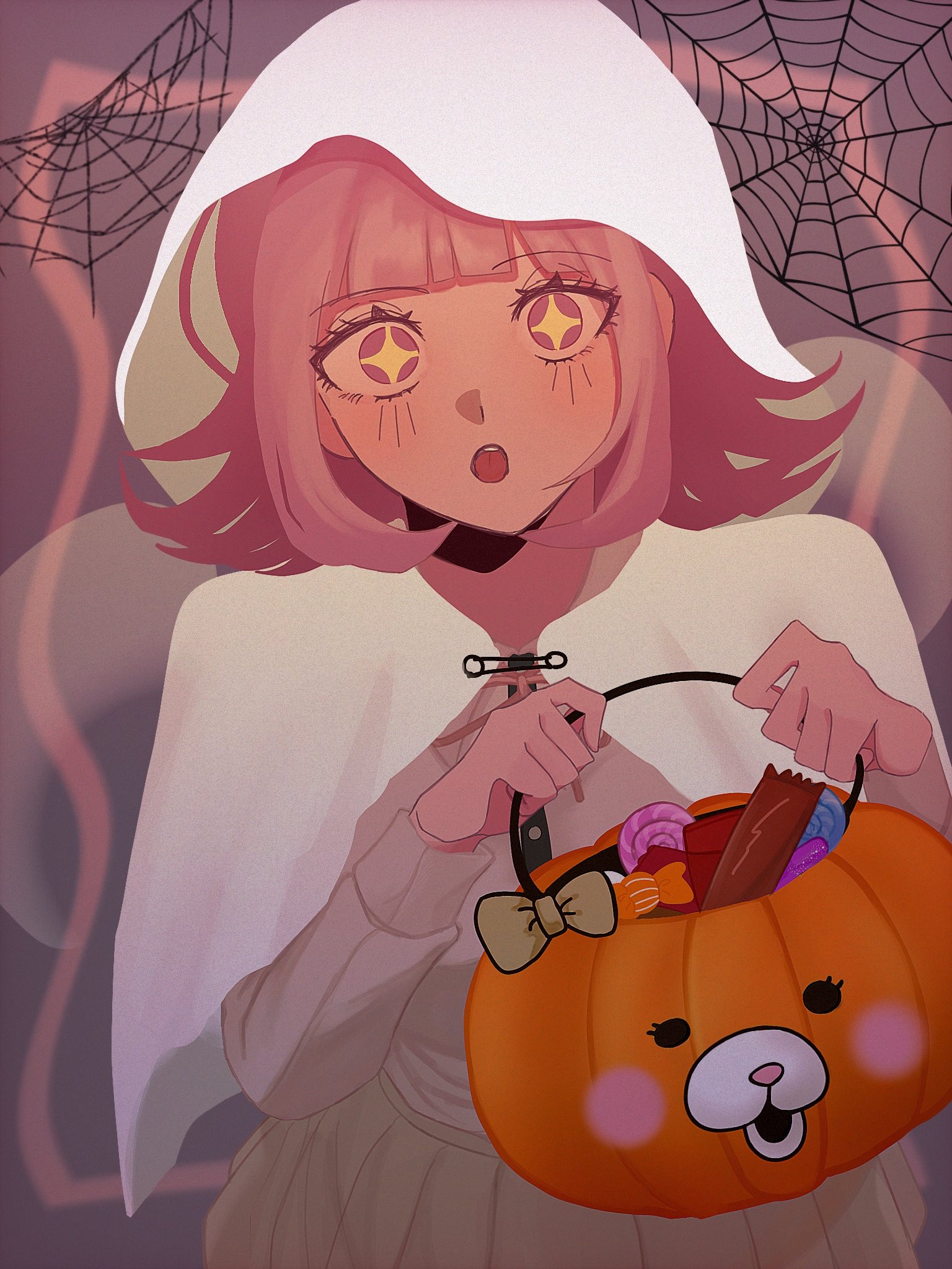 monomi (danganronpa), nanami chiaki, danganronpa (series), danganronpa 2: goodbye despair, highres, 1girl, :o, blush, bow, brown skirt, candy, cowboy shot, flipped hair, food, hands up, hood, hood up, long sleeves, medium hair, no hair ornament, pink hair, pleated skirt, silk, skirt, solo, spider web, star-shaped pupils, star (symbol), symbol-shaped pupils, yu2