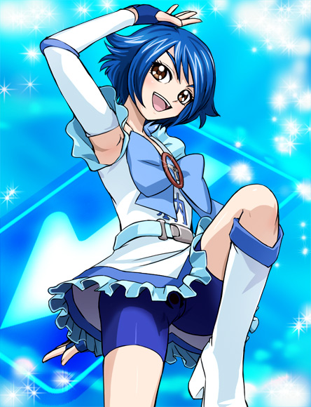 haruyama kazunori, jidoushazei wo osametai, 1girl, armpits, arrow (symbol), belt, bike shorts, blue hair, boots, bow, brown eyes, dress, female focus, fingerless gloves, gloves, head tilt, high heels, knee boots, leg lift, road sign, shoes, short hair, sign, smile, solo, sparkle, steering wheel, upskirt