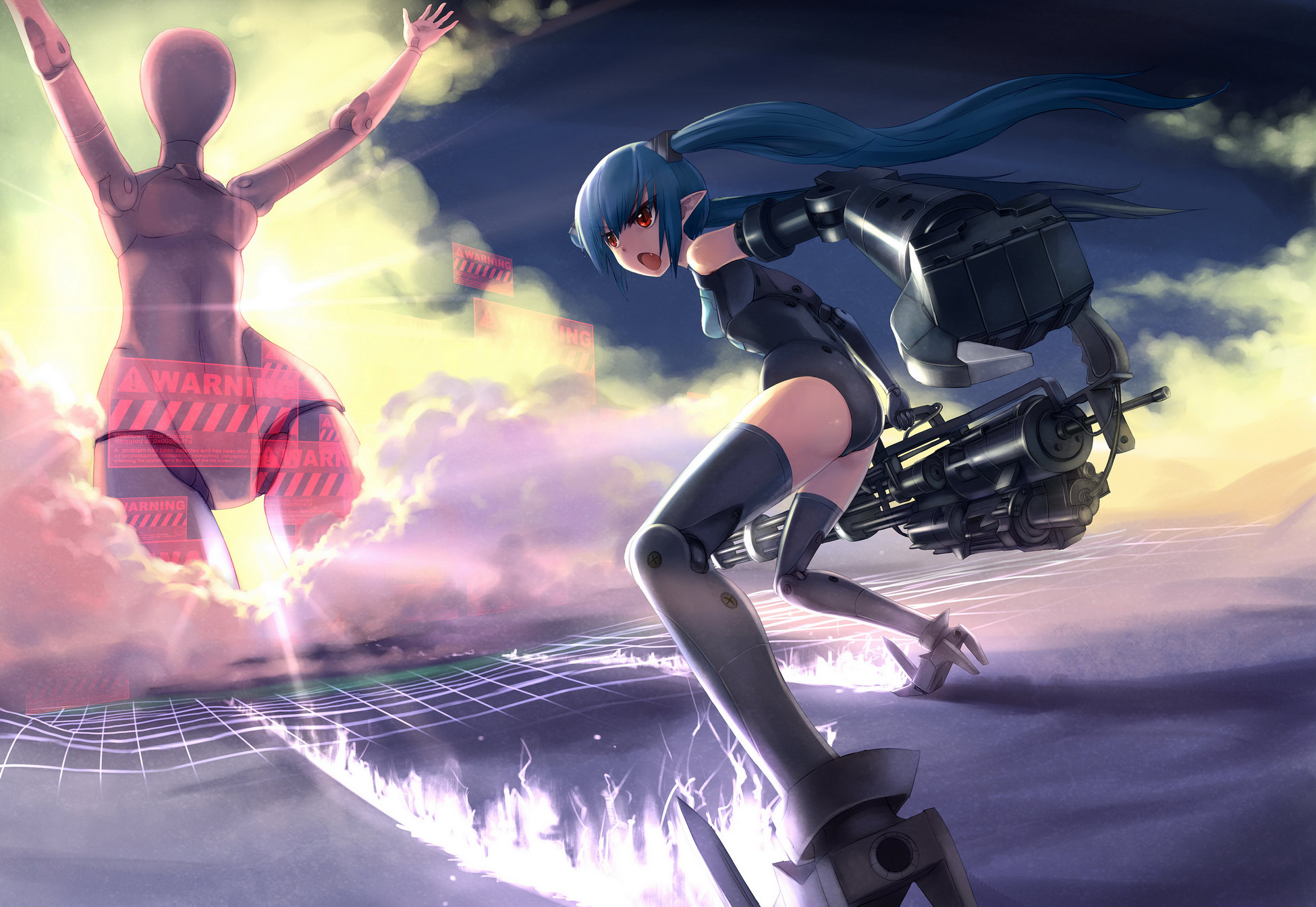 observerz, strarf, busou shinki, bad id, bad pixiv id, highres, 10s, blue hair, doll joints, fang, fangs, gatling gun, gun, high heels, joints, mannequin, minigun, pointy ears, red eyes, shoes, sky, thighhighs, twintails, weapon