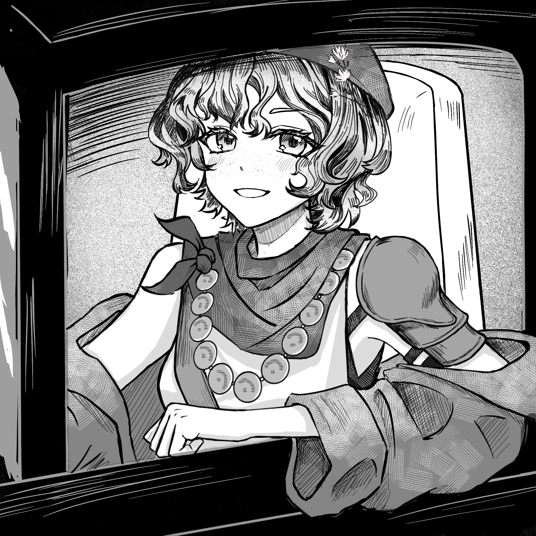 reverse:1999, highres, armor, brume (reverse:1999), car, car seat, coat, freckles, greyscale, grin, hat, jewelry, looking at viewer, monochrome, motor vehicle, neckerchief, necklace, off shoulder, open clothes, open coat, pipi duan, short hair, shoulder armor, single bare shoulder, smile, tank top