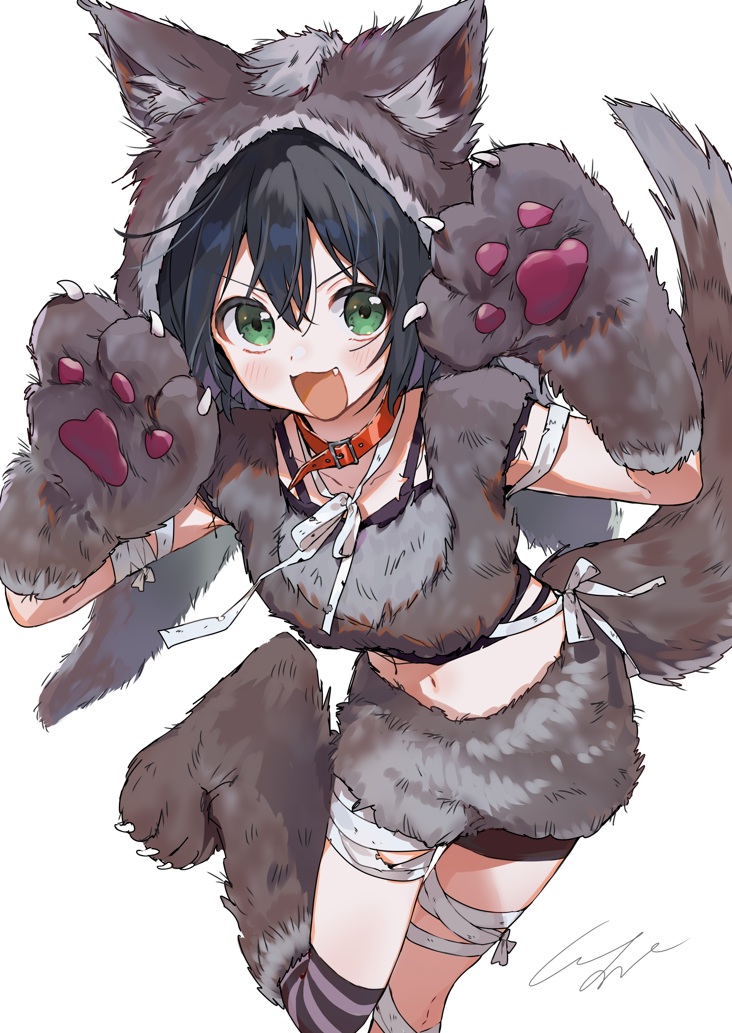 pomu (joynet), senpai wa otokonoko, absurdres, character request, commentary request, highres, 1girl, animal hands, black hair, collar, fang, green eyes, navel, simple background, smile, standing, standing on one leg, white background
