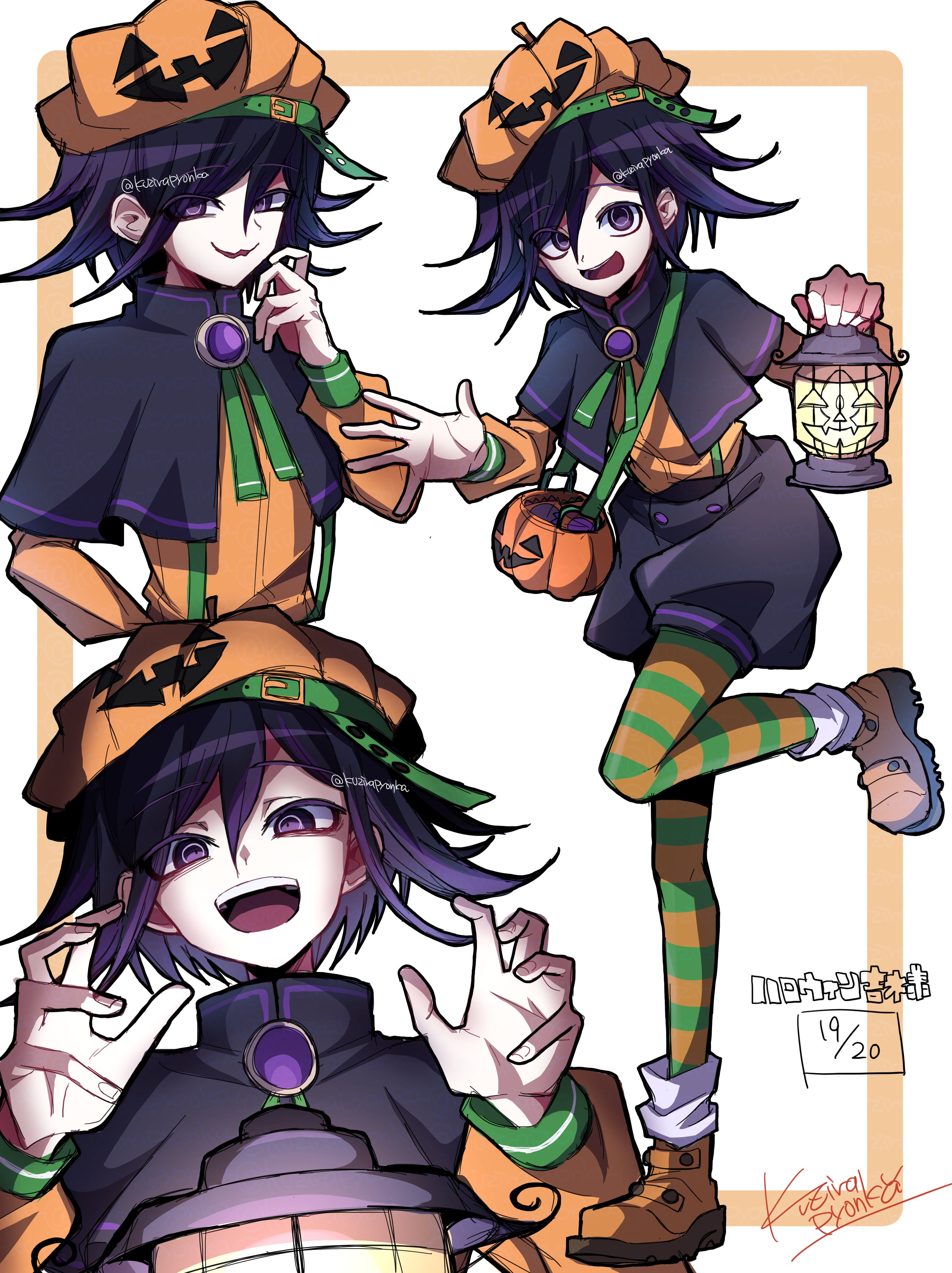 kujira pyon ka, oma kokichi, danganronpa (series), danganronpa v3: killing harmony, absurdres, highres, 1boy, :d, black capelet, capelet, dated, green pantyhose, hair between eyes, long sleeves, medium hair, multiple views, open mouth, orange shirt, pantyhose, pink eyes, pumpkin hat, purple eyes, purple hair, shirt, shoes, smile, striped clothes, striped pantyhose, teeth, upper teeth only, white background