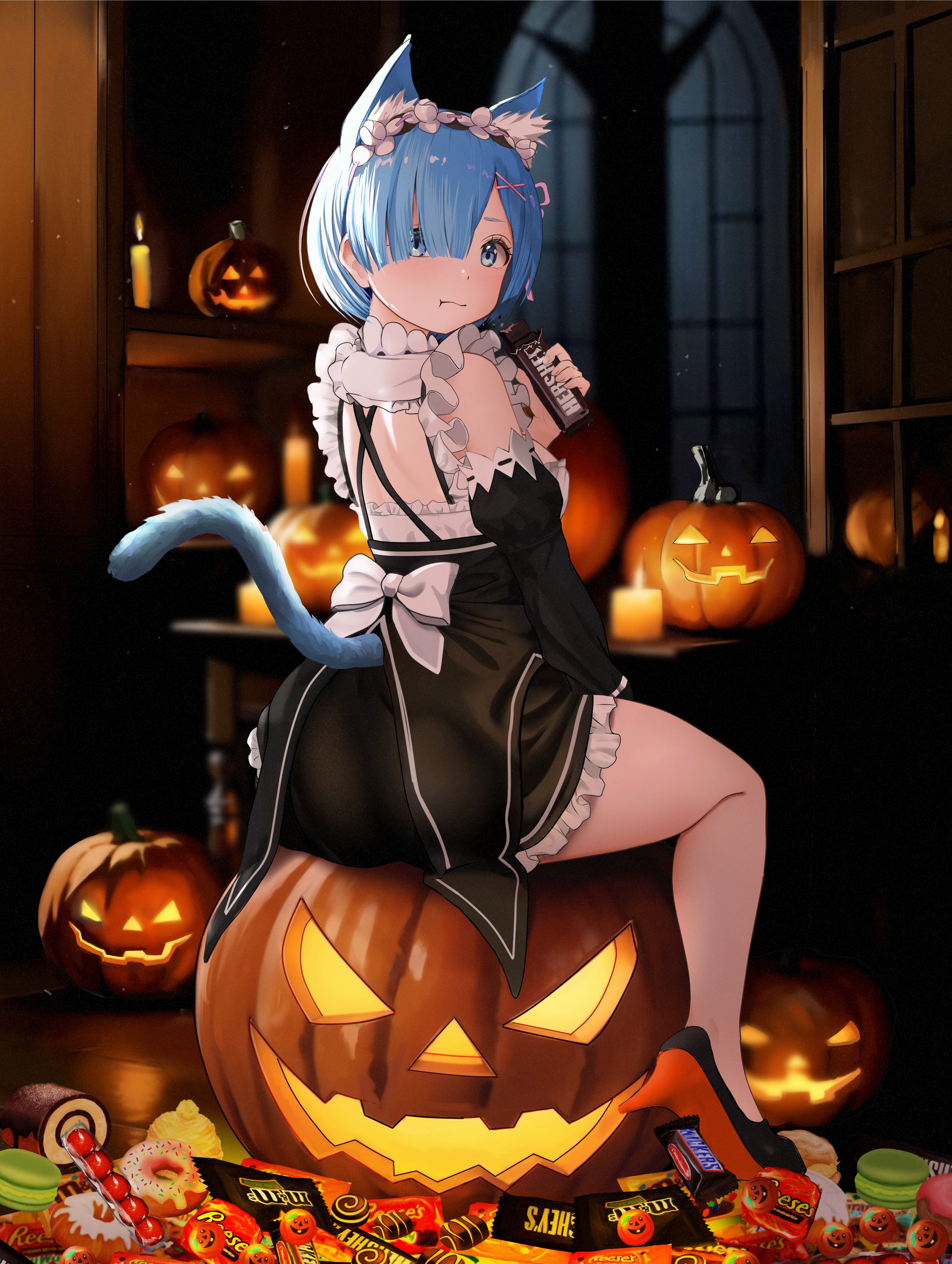 gibun (sozoshu), rem (re:zero), hershey's, m&m's, re:zero kara hajimeru isekai seikatsu, reese's, absurdres, highres, animal ears, blue hair, candle, candy, cat ears, chocolate, chocolate bar, food, hair ornament, hair over one eye, halloween, high heels, holding, holding chocolate, holding food, maid, maid headdress, night, pink ribbon, ribbon, ribbon-trimmed clothes, ribbon trim, roswaal mansion maid uniform, shelf, short hair, tail, thighs, window, x hair ornament