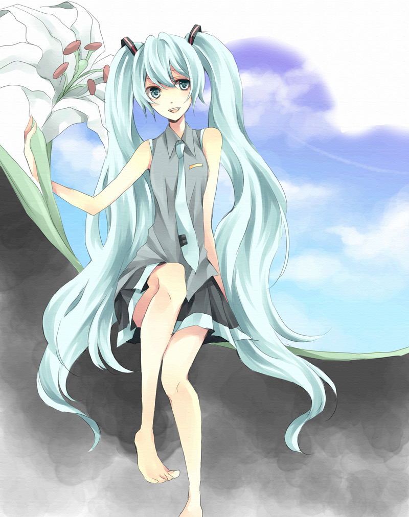 karu, yuzuki karu, hatsune miku, vocaloid, bad id, bad pixiv id, 1girl, aqua eyes, aqua hair, barefoot, female focus, long hair, outdoors, skirt, sky, solo, twintails, very long hair