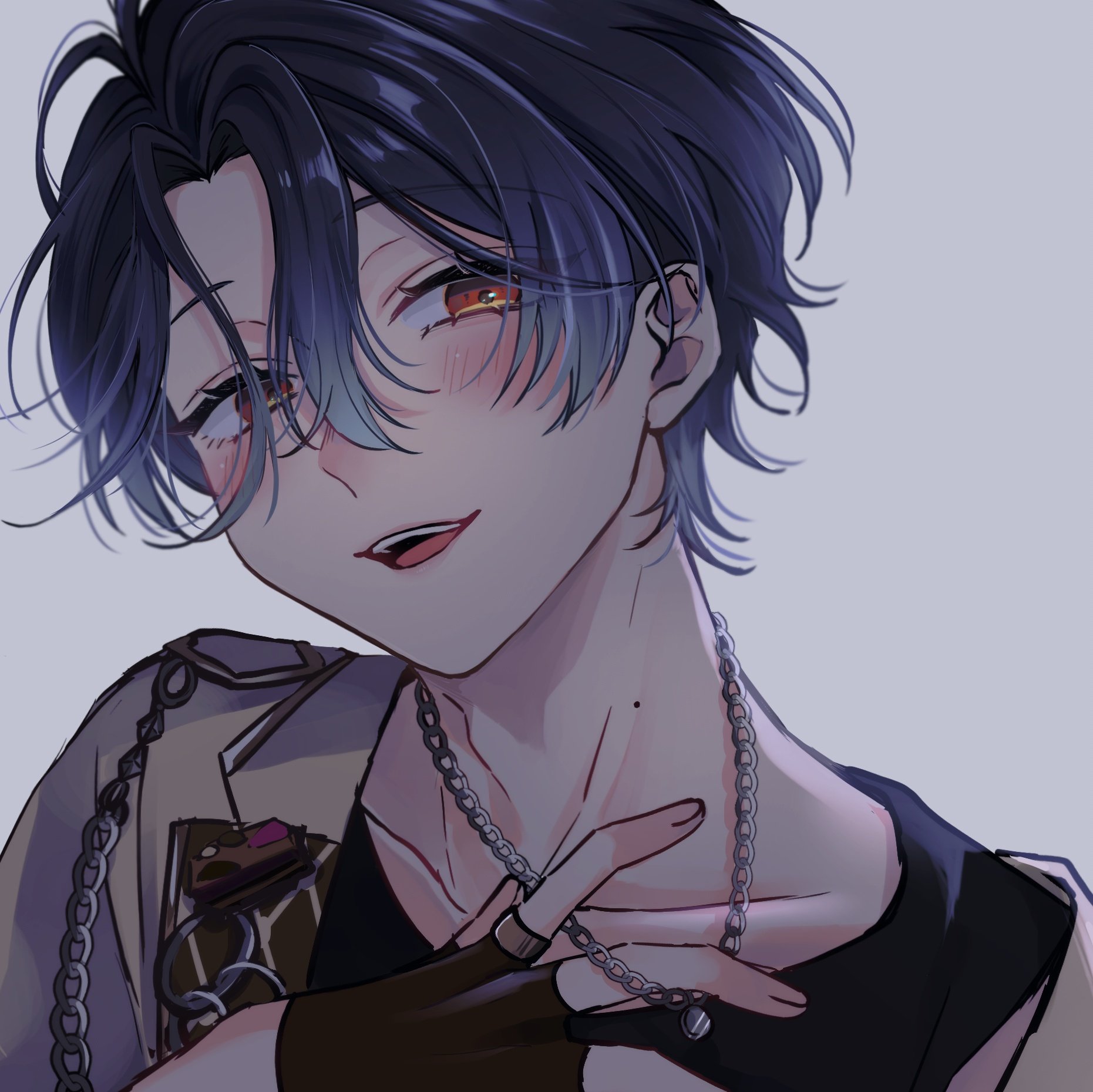 ensemble stars!, hashtag-only commentary, highres, 1boy, black gloves, blue hair, chain, chain necklace, fingerless gloves, gloves, grey background, hand up, jewelry, male focus, mole, mole on neck, necklace, open mouth, orange eyes, ring, samui (xgk0oa), short hair, simple background, solo, teeth, tsuzura chitose, upper body, upper teeth only
