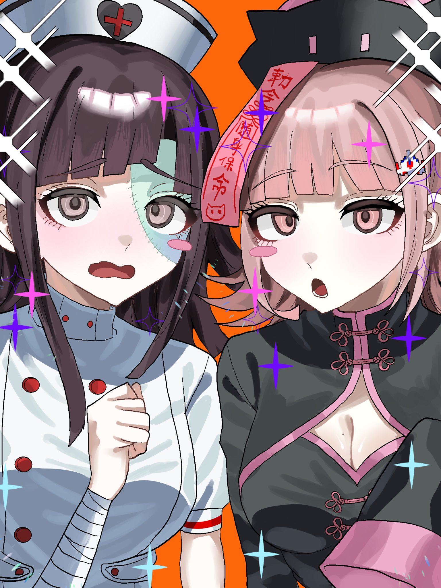 nanami chiaki, tsumiki mikan, danganronpa (series), danganronpa 2: goodbye despair, highres, 2girls, black hair, black hat, breasts, brown hair, cleavage, clenched hand, hand up, hat, heart, heart print, large breasts, long hair, long sleeves, multiple girls, nurse, nurse cap, pink eyes, red background, simple background, stitched face, stitches, tarutaru428, zombie
