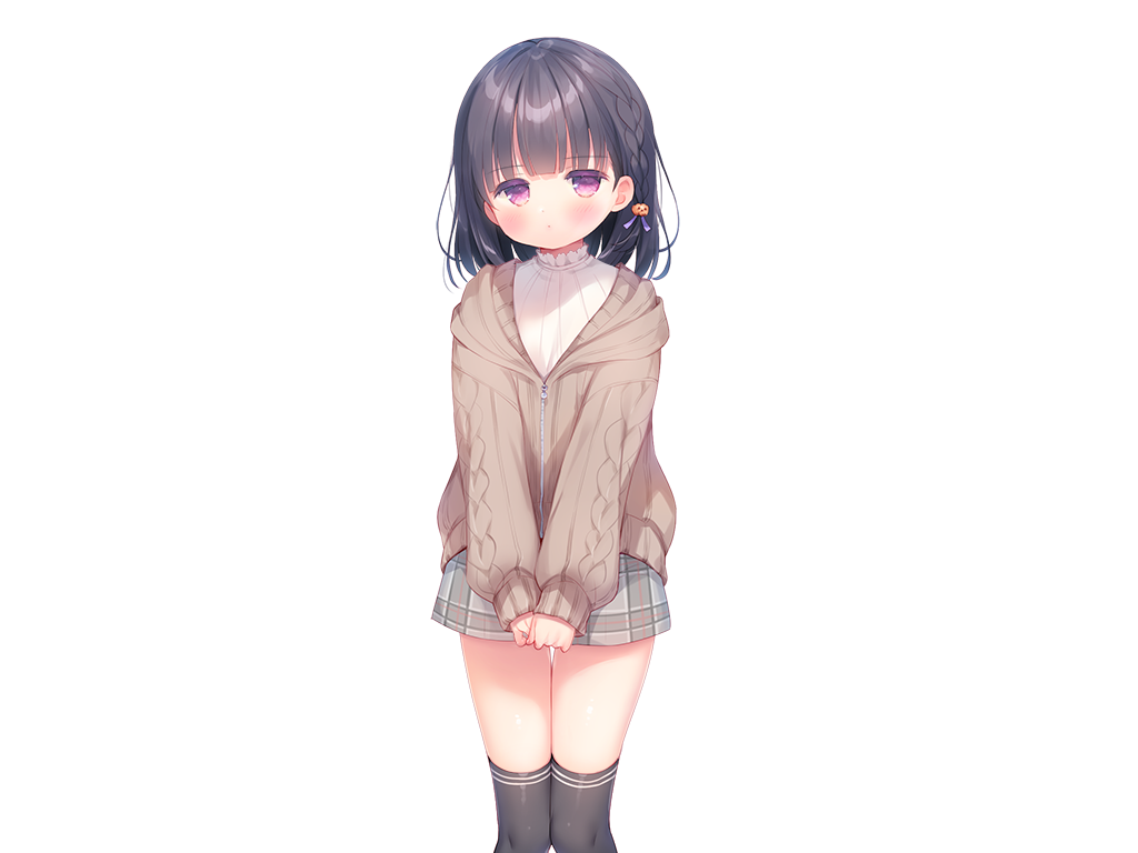 piyodera mucha, kazari (mainichi kiss shite lolita), mainichi kiss shite lolita, game cg, large variant set, non-web source, variant set, 1girl, black hair, black thighhighs, blunt bangs, blush, braid, brown cardigan, cardigan, closed mouth, feet out of frame, grey skirt, long sleeves, looking at viewer, miniskirt, pink eyes, plaid clothes, plaid skirt, short hair, simple background, skirt, solo, standing, sweater, tachi-e, thighhighs, transparent background, white sweater