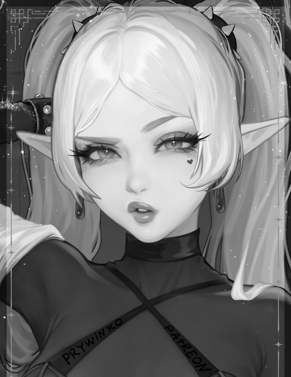 prywinko, frieren, sousou no frieren, highres, 1girl, bracelet, criss-cross halter, earrings, elf, eyelashes, facial mark, greyscale, halterneck, heart, heart facial mark, jewelry, lips, long hair, looking at viewer, makeup, monochrome, parted bangs, parted lips, pointy ears, solo, spiked bracelet, spikes, twintails, upper body