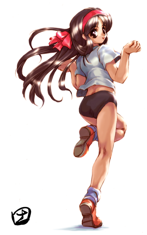 hisahiko, brown eyes, brown hair, buruma, full body, gym uniform, hairband, heel up, long hair, looking back, pink shoes, shoes, simple background, solo, tongue, white background
