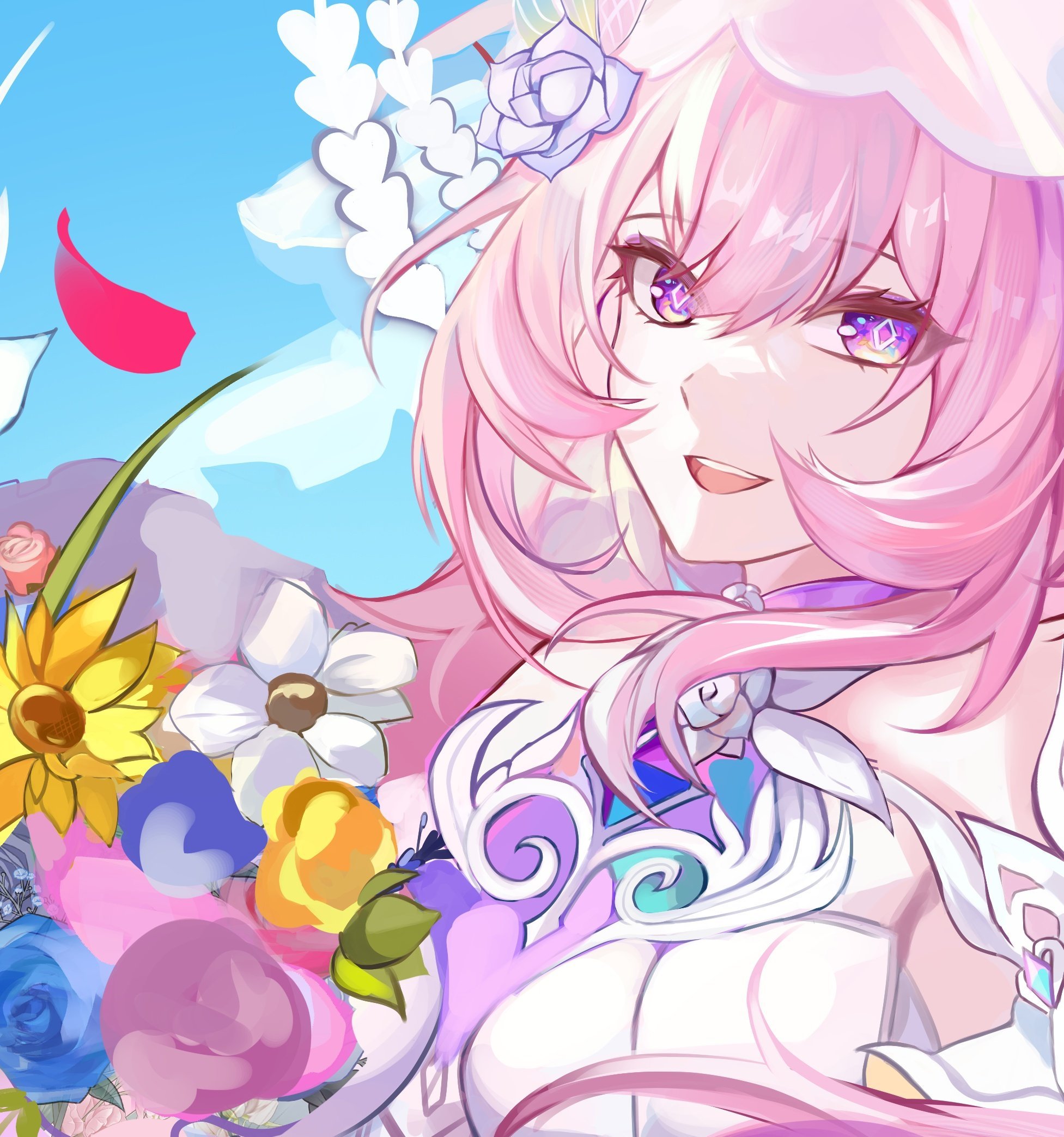 cyrene (honkai: star rail), cyrene (ripples of past reverie) (honkai: star rail), honkai: star rail, honkai (series), highres, 1girl, bare shoulders, blue sky, bouquet, breasts, diamond-shaped pupils, diamond (shape), flower, holding, holding bouquet, large breasts, long hair, looking at viewer, ojqi7, open mouth, pink hair, purple eyes, sky, smile, solo, symbol-shaped pupils, teeth, upper body, upper teeth only, veil, very long hair, white hair