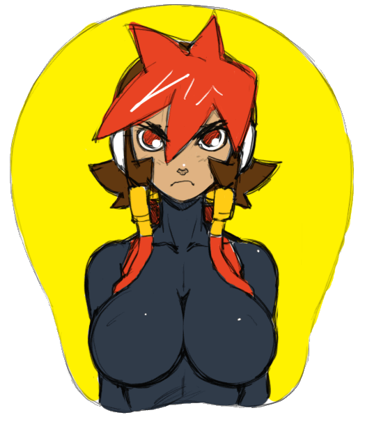 sub tank, atlas (mega man), capcom, mega man (series), mega man zx, mousepad, angry, bodysuit, breast mousepad, breasts, brown hair, cleavage, dark skin, large breasts, multicolored hair, red eyes, red hair, robot ears
