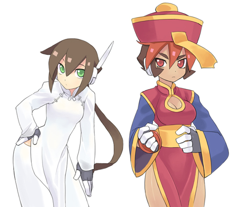 shigehiro (hiroi heya), aile (mega man zx), atlas (mega man), hsien-ko, capcom, darkstalkers, mega man (series), mega man zx, mega man zx advent, lowres, 2girls, breasts, brown hair, china dress, chinese clothes, cleavage, cleavage cutout, clothing cutout, colored bangs, cosplay, dark-skinned female, dark skin, dress, gloves, green eyes, hsien-ko (cosplay), jiangshi, medium breasts, multicolored hair, multiple girls, ponytail, red eyes, red hair, robot ears
