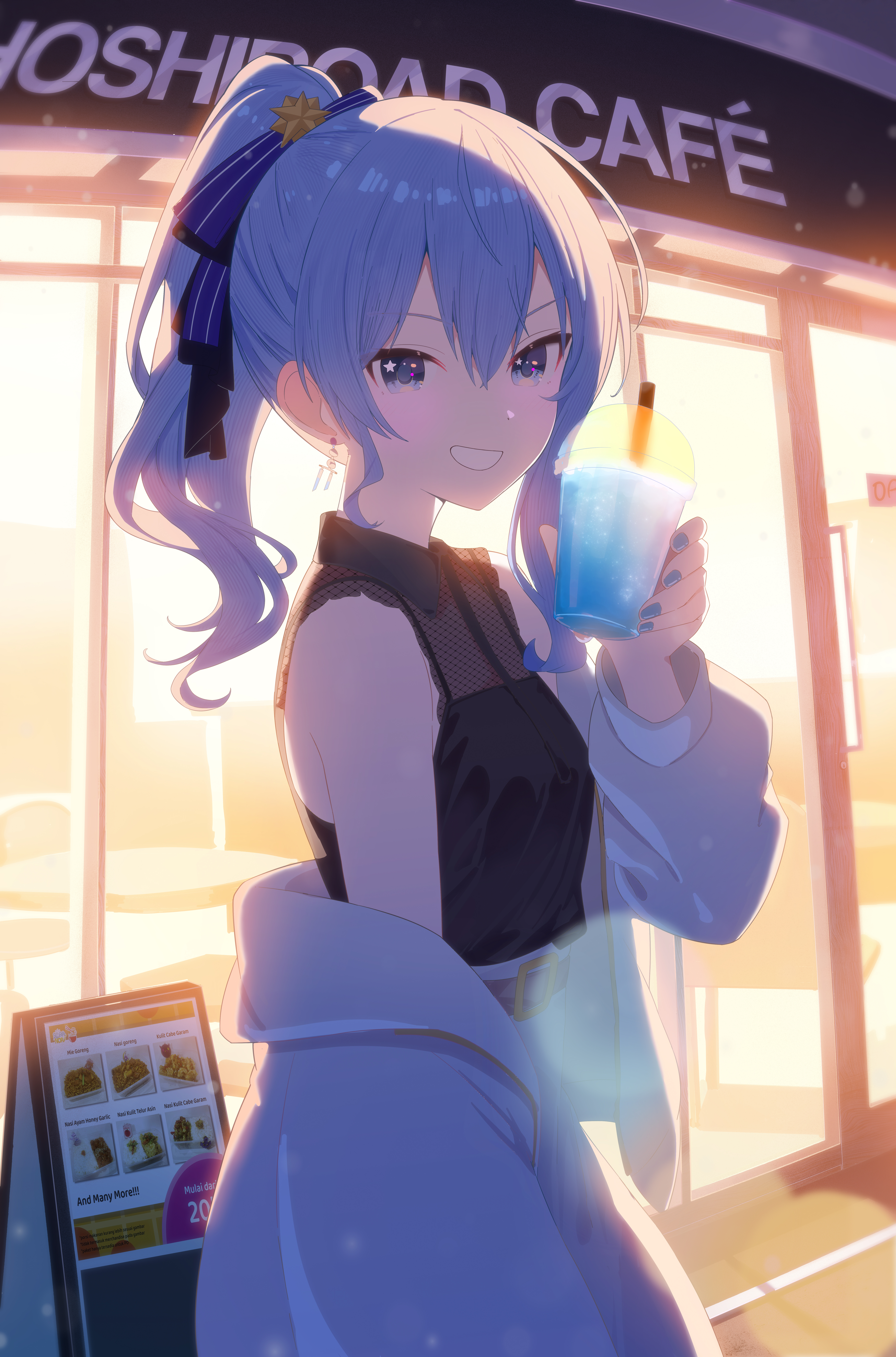 deozt, hoshimachi suisei, hololive, absurdres, commentary, highres, symbol-only commentary, 1girl, :d, asymmetrical sidelocks, black shirt, blue eyes, blue hair, breasts, collared shirt, cup, double-parted bangs, earrings, grin, hair between eyes, high ponytail, holding, holding cup, jacket, jacket partially removed, jewelry, looking at viewer, medium hair, open mouth, ponytail, shirt, sidelocks, sleeveless, sleeveless shirt, small breasts, smile, solo, star (symbol), star in eye, symbol in eye, virtual youtuber, white jacket