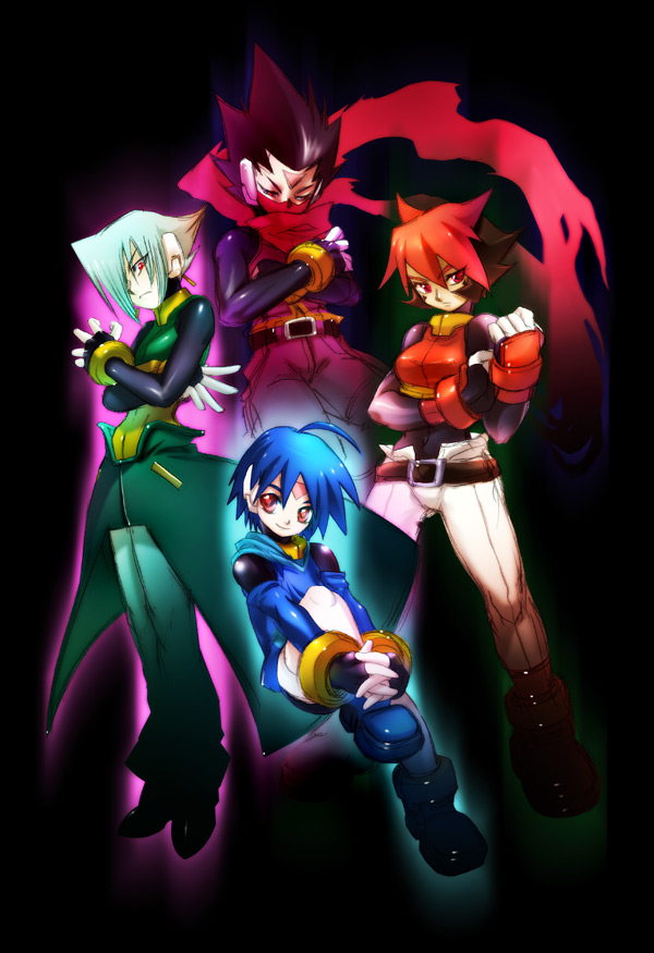 mri, aeolus (mega man), atlas (mega man), siarnaq (mega man), thetis (mega man), capcom, mega man (series), mega man zx, mega man zx advent, bad id, bad pixiv id, 1girl, 3boys, black background, blue hair, blue outline, brown hair, colored bangs, full body, green hair, green outline, invisible chair, knee up, multiple boys, outline, purple outline, red eyes, red hair, simple background, sitting, spread legs, standing