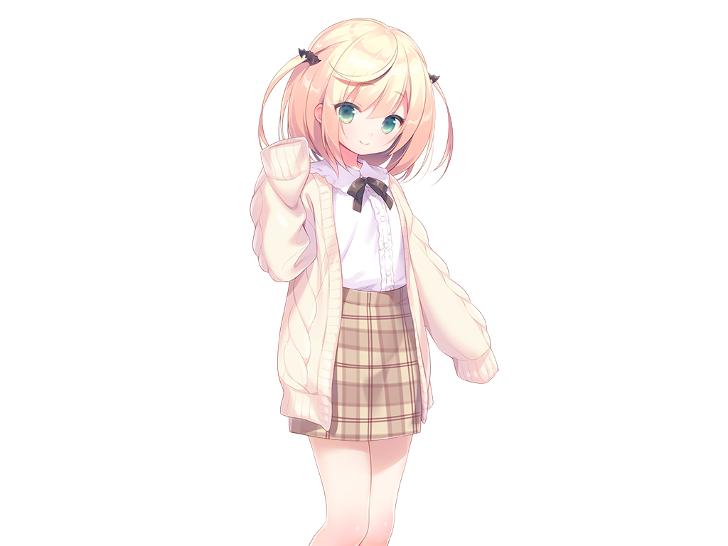 piyodera mucha, mainichi kiss shite lolita, game cg, large variant set, non-web source, variant set, 1girl, black bow, black bowtie, blonde hair, bow, bowtie, cardigan, center frills, closed mouth, collared shirt, feet out of frame, frills, green eyes, hand up, long sleeves, looking at viewer, mihato (mainichi kiss shite lolita), open cardigan, open clothes, plaid clothes, plaid skirt, shirt, short hair, simple background, skirt, sleeves past fingers, sleeves past wrists, smile, solo, standing, tachi-e, transparent background, two side up, white shirt, yellow cardigan, yellow skirt