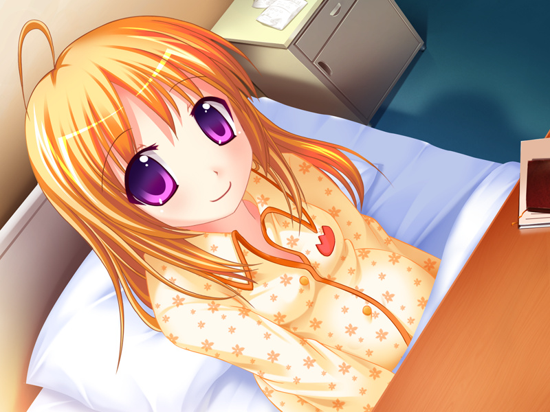 ahoge, bed, blonde hair, child, hospital, long hair, pajamas, pregnant, purple eyes, sitting, smile, solo