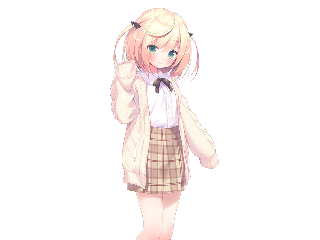 piyodera mucha, mainichi kiss shite lolita, game cg, large variant set, non-web source, variant set, 1girl, black bow, black bowtie, blonde hair, blush, bow, bowtie, cardigan, center frills, closed mouth, collared shirt, feet out of frame, frills, green eyes, hand up, long sleeves, looking at viewer, mihato (mainichi kiss shite lolita), open cardigan, open clothes, plaid clothes, plaid skirt, shirt, short hair, simple background, skirt, sleeves past fingers, sleeves past wrists, smile, solo, standing, tachi-e, transparent background, two side up, white shirt, yellow cardigan, yellow skirt