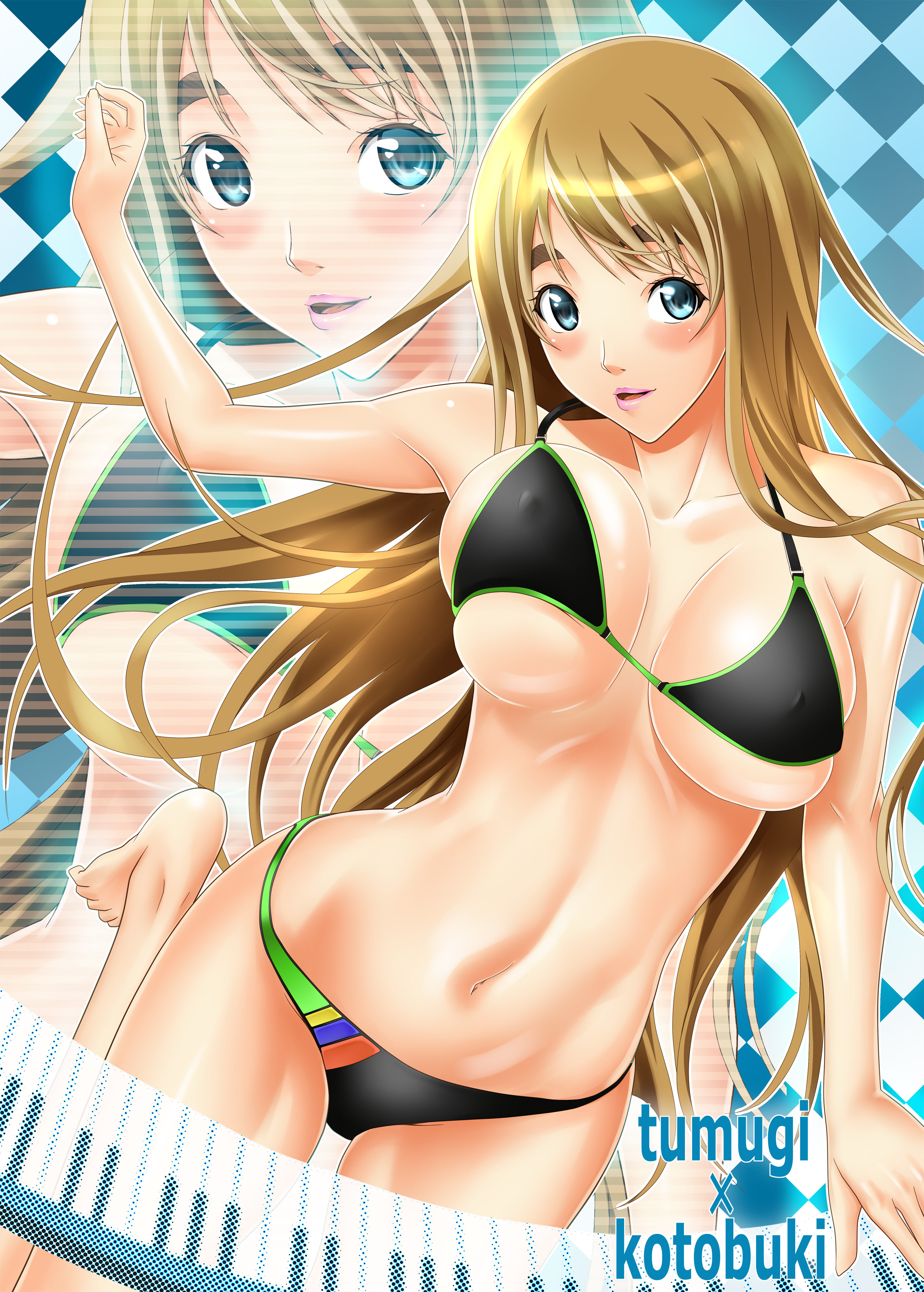 zucchini, kotobuki tsumugi, k-on!, eyebrows, absurdres, bad id, bad pixiv id, highres, 00s, 1girl, bikini, black bikini, blonde hair, blue eyes, bouncing breasts, breasts, covered erect nipples, english text, engrish text, female focus, instrument, keyboard (instrument), large breasts, lips, lipstick, long hair, makeup, ranguage, solo, swimsuit, zoom layer