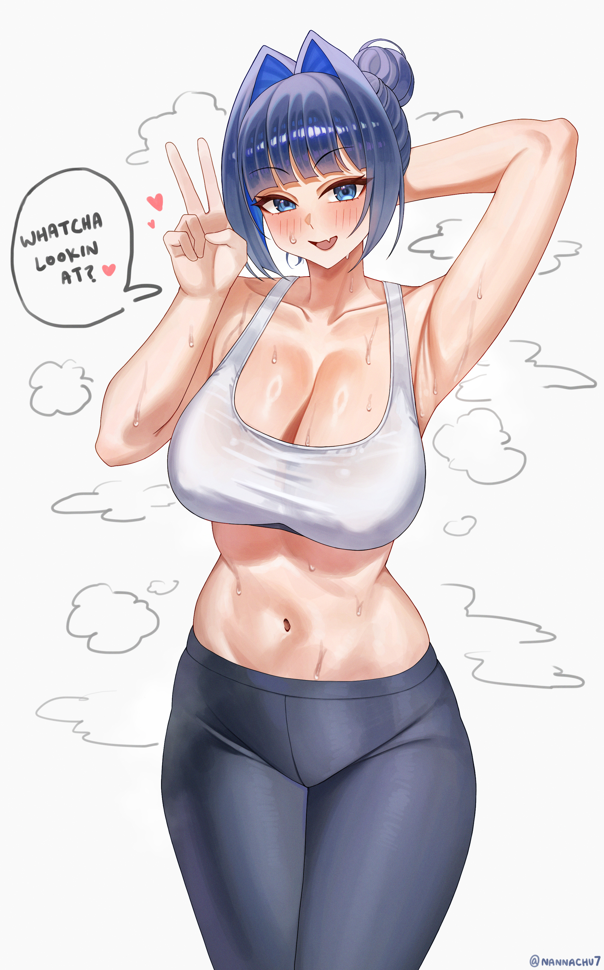 nannachu7, ouro kronii, hololive, hololive english, absurdres, highres, 1girl, :d, alternate costume, arm behind head, arm up, armpits, black pants, blue eyes, blue hair, breasts, cleavage, collarbone, english text, hair intakes, hand up, large breasts, looking at viewer, midriff, navel, open mouth, pants, simple background, smile, solo, speech bubble, sports bra, standing, stomach, sweat, tongue, v, virtual youtuber, white background, white sports bra