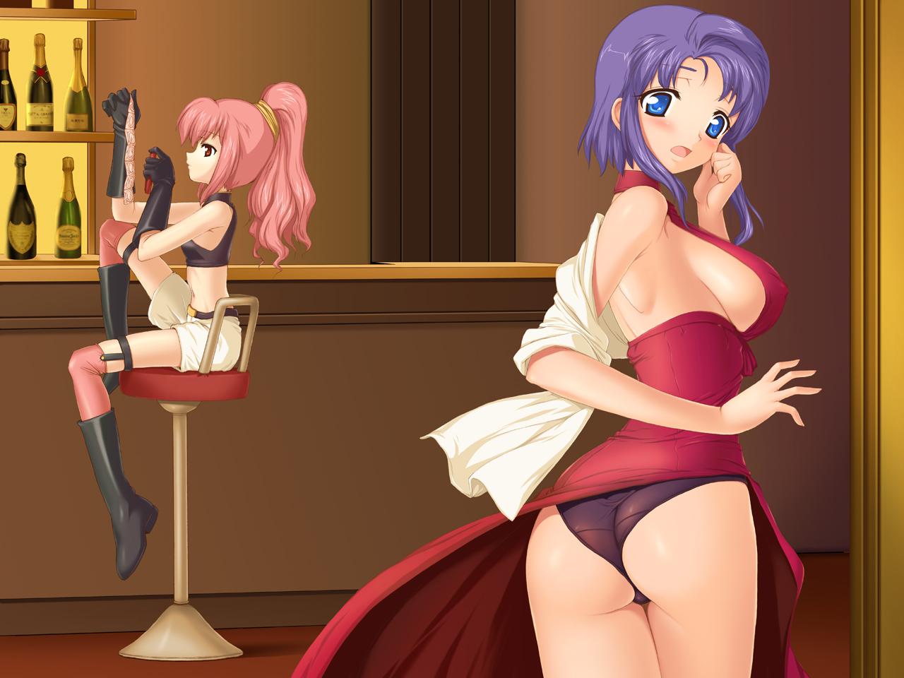 aokihoshi, anya alstreim, cecile croomy, code geass, 00s, 2girls, ass, bar (place), bare shoulders, black panties, blue eyes, blue hair, blush, boots, breasts, condom, condom packet strip, condom wrapper, embarrassed, gloves, indoors, large breasts, long hair, looking back, multiple boys, multiple girls, no bra, panties, pink hair, ponytail, red eyes, sideboob, sitting, stool, thighhighs, underwear