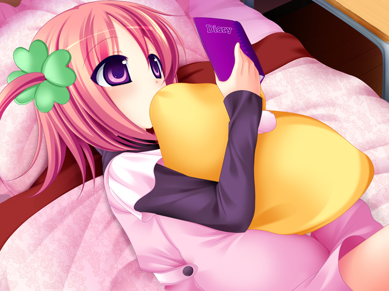 swaneye, bed, child, diary, hair ornament, hairclip, pillow, pink hair, pregnant, purple eyes, reading, solo, twintails