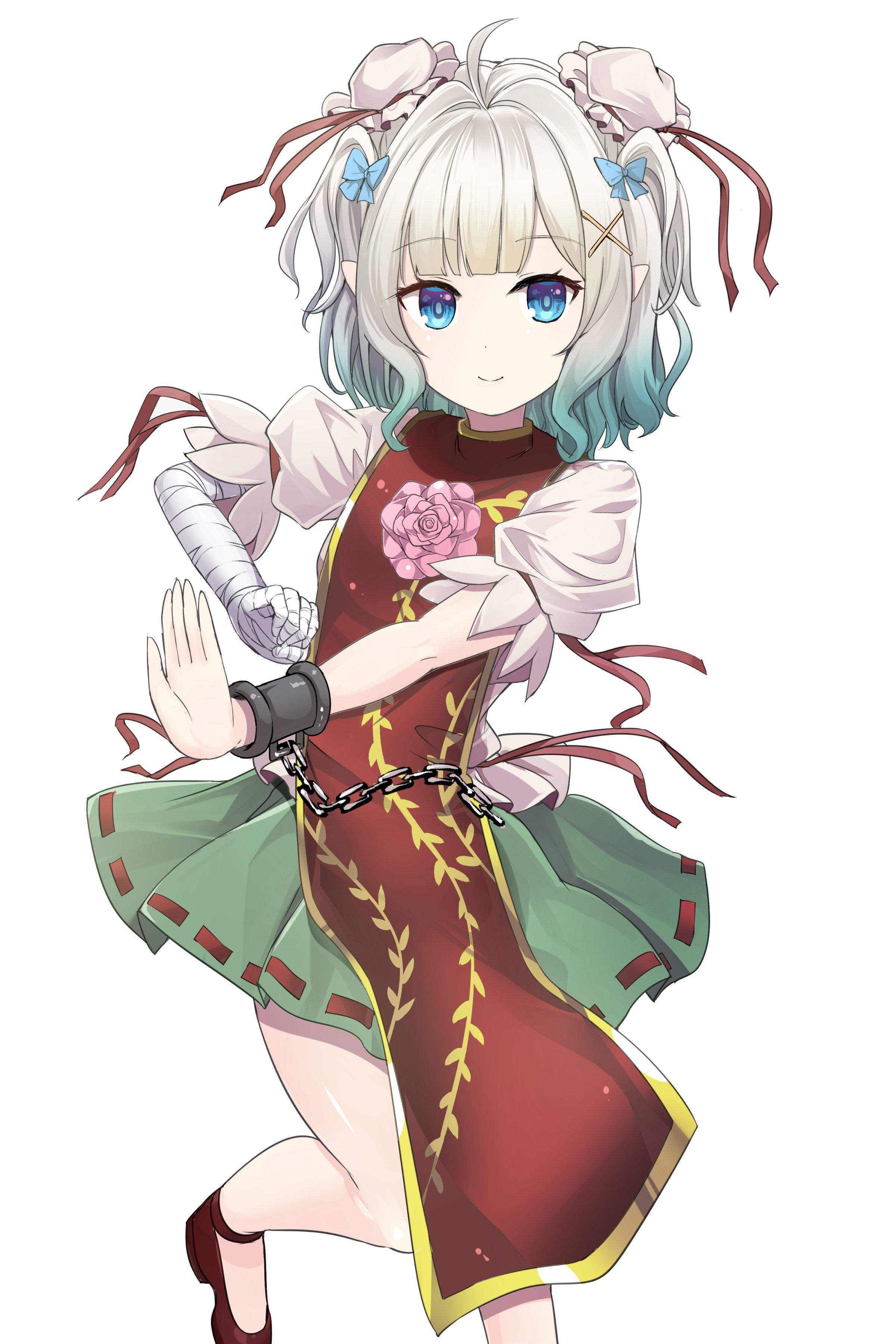 y2, ibaraki kasen, mint fantome, indie virtual youtuber, touhou, absurdres, commentary, commission, english commentary, highres, second-party source, skeb commission, variant set, 1girl, bandaged arm, bandages, blue bow, blue eyes, bow, brown shoes, bun cover, chain, cosplay, cuffs, double bun, flower, gradient hair, green hair, green skirt, hair bow, hair bun, hair ornament, ibaraki kasen (cosplay), multicolored hair, pink flower, pink rose, pointy ears, red tabard, rose, shackles, shoes, short hair, simple background, skirt, solo, tabard, two side up, virtual youtuber, white background, white hair, x hair ornament