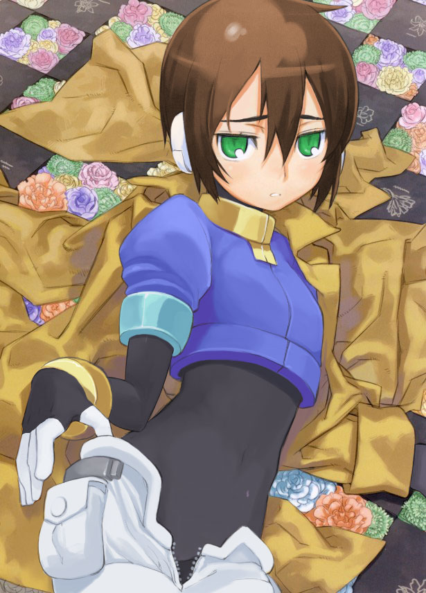 kuroboshi kouhaku, aile (mega man zx), kino (kino no tabi), capcom, kino no tabi, mega man (series), mega man zx, third-party edit, 00s, 1girl, bodysuit, brown hair, female focus, gloves, green eyes, hair between eyes, lying, open fly, pocket, solo, unzipped