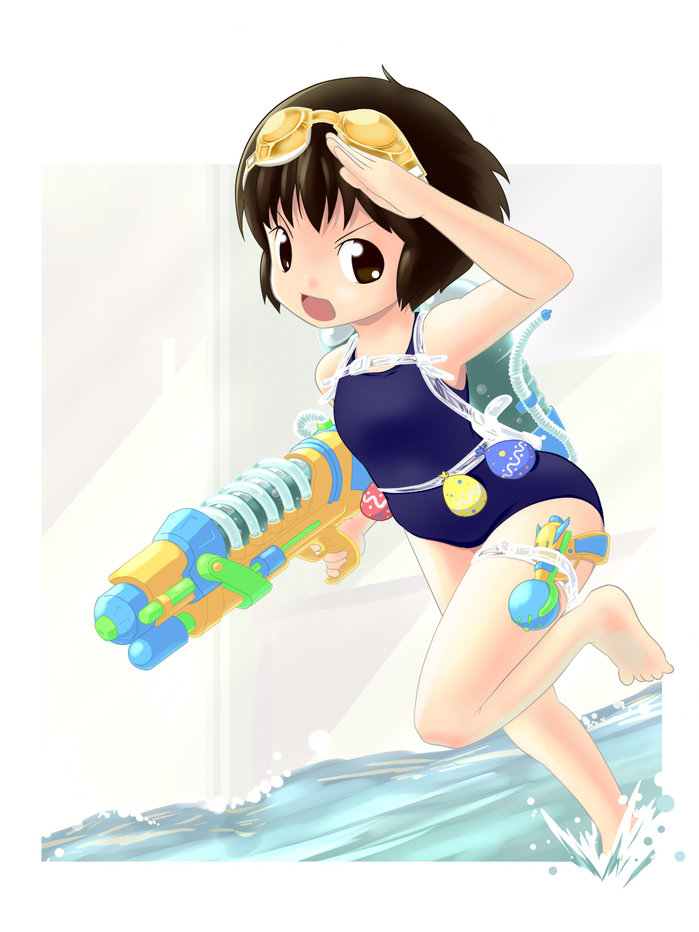 ironiso, highres, barefoot, bottle, brown eyes, brown hair, child, dutch angle, goggles, one-piece swimsuit, running, salute, short hair, solo, swimsuit, wading, water, water balloon, water bottle, water gun
