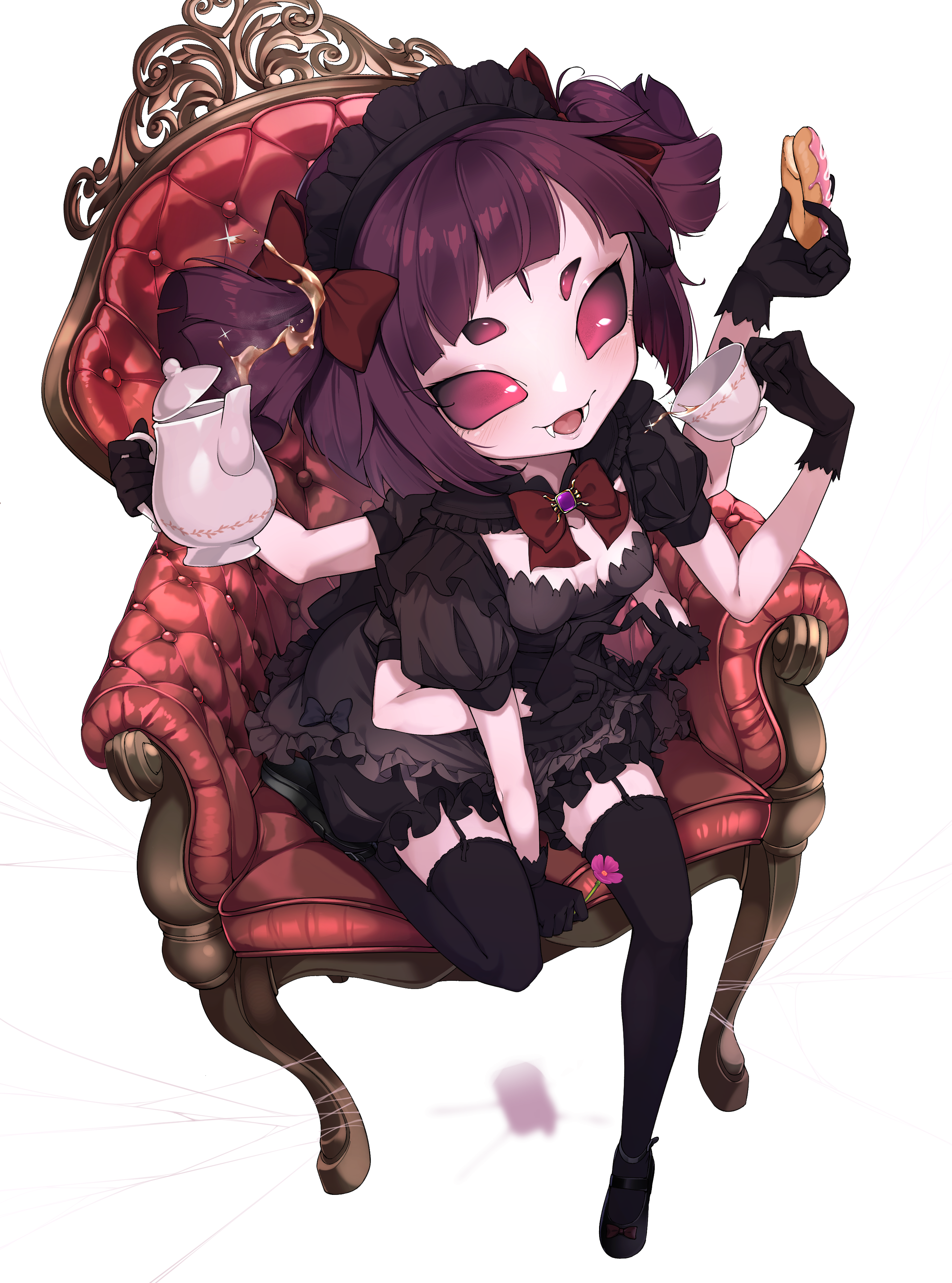 jovejun, muffet, undertale, utdr (toby fox), absurdres, commentary request, highres, variant set, 1girl, alternate costume, apron, arthropod girl, black apron, black bow, black dress, black gloves, black headdress, black shoes, black thighhighs, bow, bowtie, breasts, brown bow, brown bowtie, cup, double finger heart, dress, dress bow, enmaided, extra arms, extra eyes, fangs, finger heart, flower, food, from above, garter straps, gloves, hair bow, holding, holding flower, holding food, holding teapot, insect girl, maid, maid headdress, monster girl, open mouth, pink flower, puff and slash sleeves, puffy short sleeves, puffy sleeves, shadow, shoes, short hair, short sleeves, silk, sitting, small breasts, smile, solo, spider girl, spider web, spilling, tea, teacup, teapot, thighhighs, two side up, waist apron, white background, zettai ryouiki