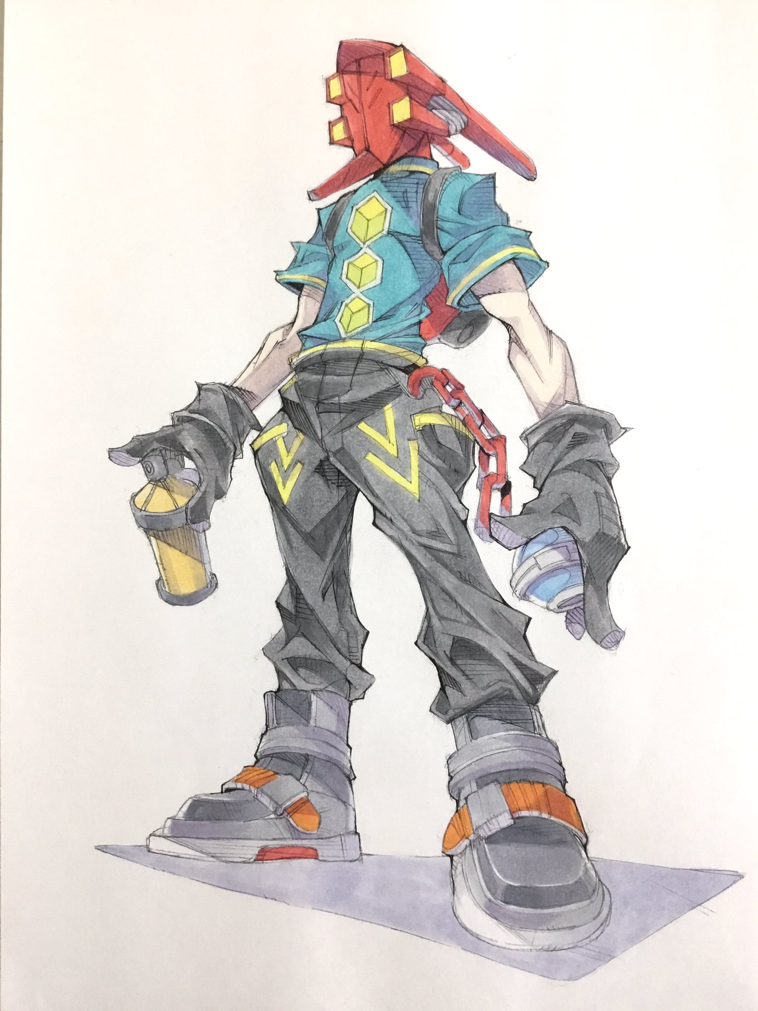 peter salt, red (bomb rush cyberfunk), bomb rush cyberfunk, commentary, highres, traditional media, 1boy, backpack, bag, black boots, black gloves, black pants, blue shirt, boots, chain, cyberhead, from below, full body, gloves, grind fiction, helmet, holding, holding spray can, male focus, pants, red bag, shirt, solo, spray can, standing, white background