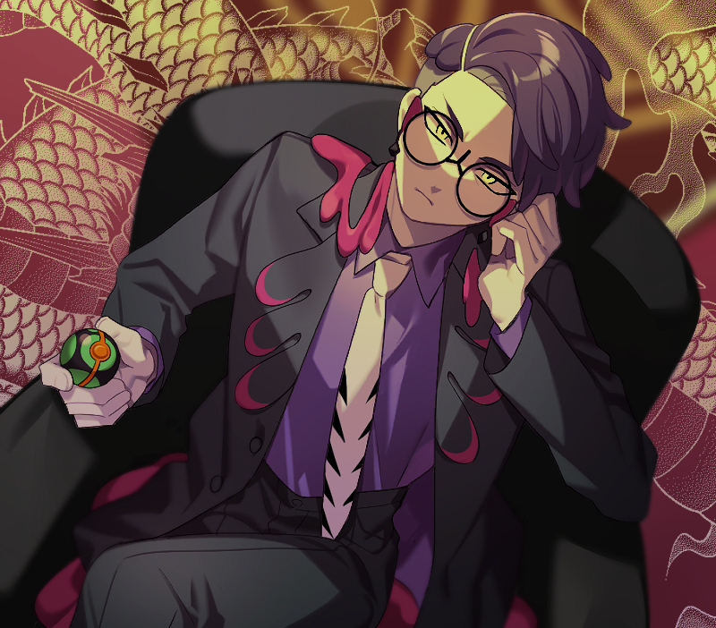 hayochi, corbeau (pokemon), nintendo, pokemon, pokemon legends: z-a, commentary request, 1boy, black-framed eyewear, black jacket, black pants, chair, closed mouth, collared shirt, dusk ball, glasses, hand up, holding, holding poke ball, jacket, long sleeves, male focus, necktie, open clothes, open jacket, pants, poke ball, purple shirt, shirt, short hair, sitting, solo, yellow eyes