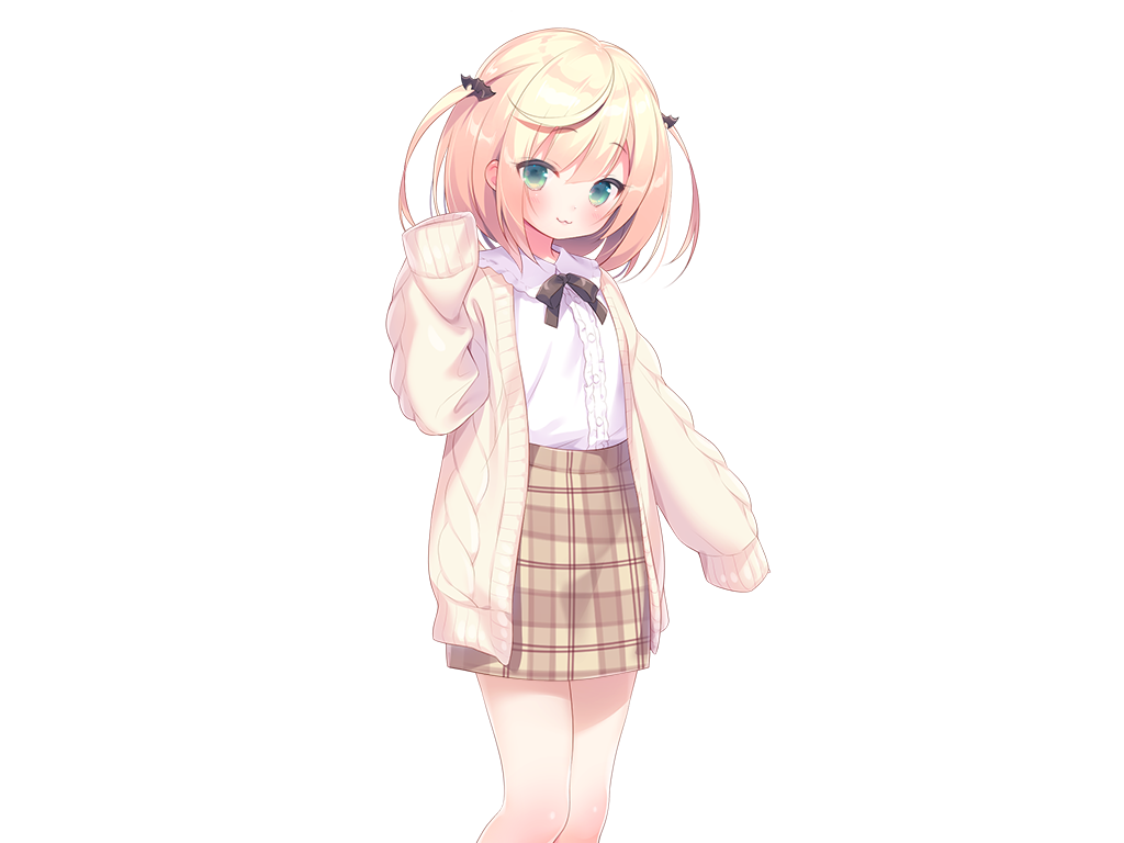 piyodera mucha, mainichi kiss shite lolita, game cg, large variant set, non-web source, variant set, 1girl, :3, black bow, black bowtie, blonde hair, blush, bow, bowtie, cardigan, center frills, closed mouth, collared shirt, feet out of frame, frills, green eyes, hand up, long sleeves, looking at viewer, mihato (mainichi kiss shite lolita), open cardigan, open clothes, plaid clothes, plaid skirt, shirt, short hair, simple background, skirt, sleeves past fingers, sleeves past wrists, smile, solo, standing, tachi-e, transparent background, two side up, white shirt, yellow cardigan, yellow skirt