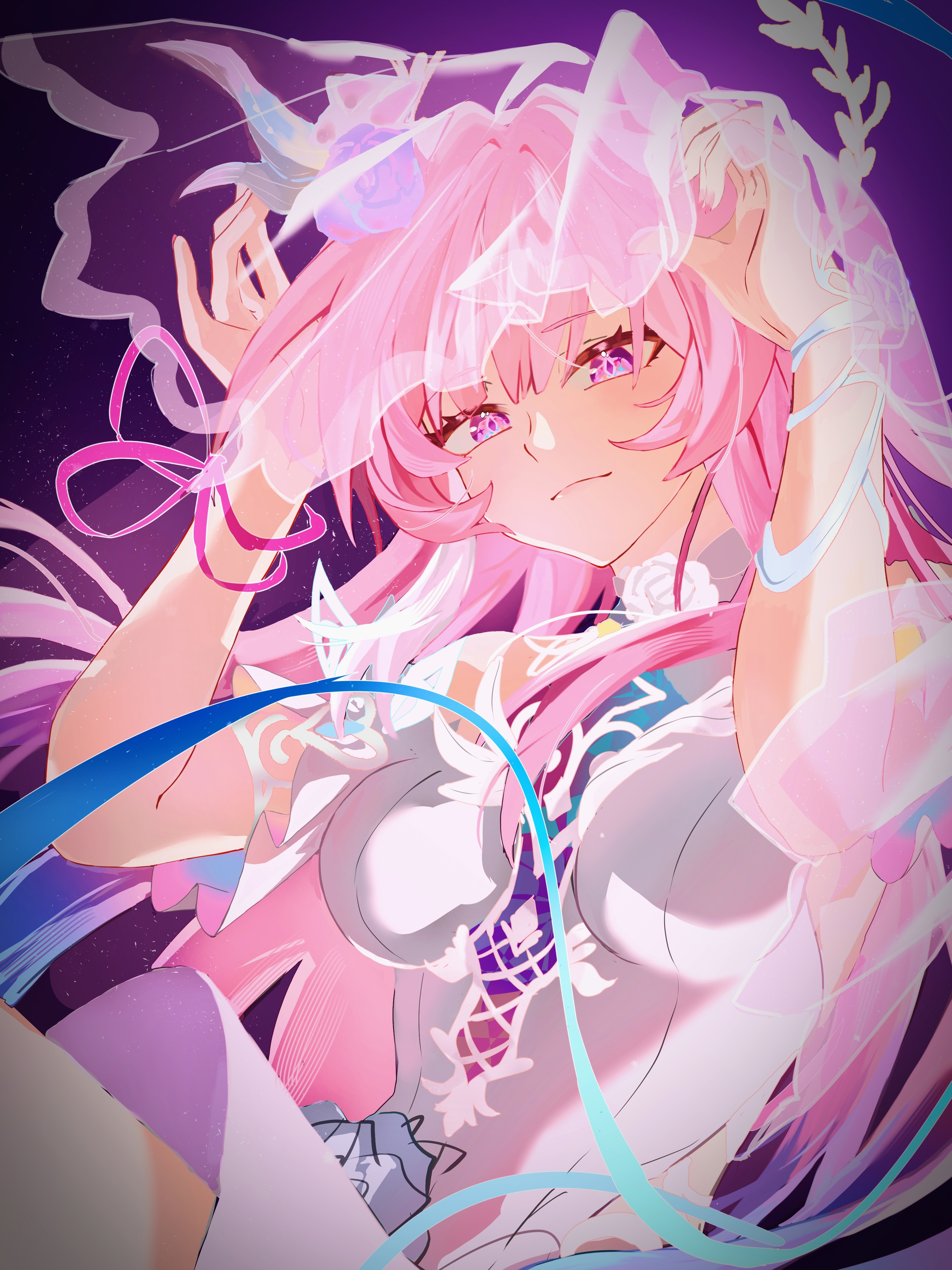 cyrene (honkai: star rail), cyrene (ripples of past reverie) (honkai: star rail), honkai: star rail, honkai (series), absurdres, chinese commentary, commentary request, highres, 1girl, aqua hair, breasts, bridal veil, diamond-shaped pupils, diamond (shape), dress, halo, large breasts, likeyi471, long hair, looking at viewer, multicolored hair, pink hair, purple background, purple eyes, solo, symbol-shaped pupils, veil, very long hair, white dress, white hair