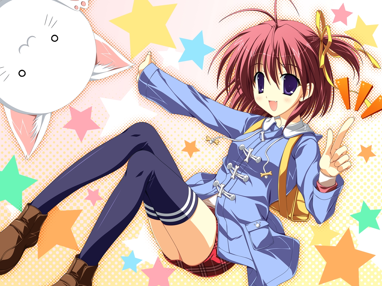 non-web source, antenna hair, backpack, bag, cat, fang, plaid clothes, plaid skirt, purple eyes, randoseru, red hair, short hair, side ponytail, skirt, solo, thighhighs