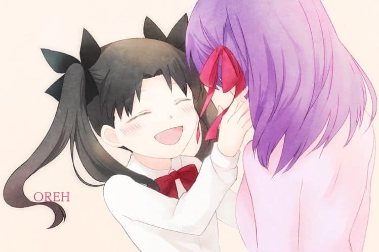 matou sakura, tohsaka rin, fate/stay night, fate (series), heaven's feel, non-web source, 2girls, aged down, dress, holding, long sleeves, multiple girls, open mouth, parted bangs, short hair, siblings, sisters, smile, twintails