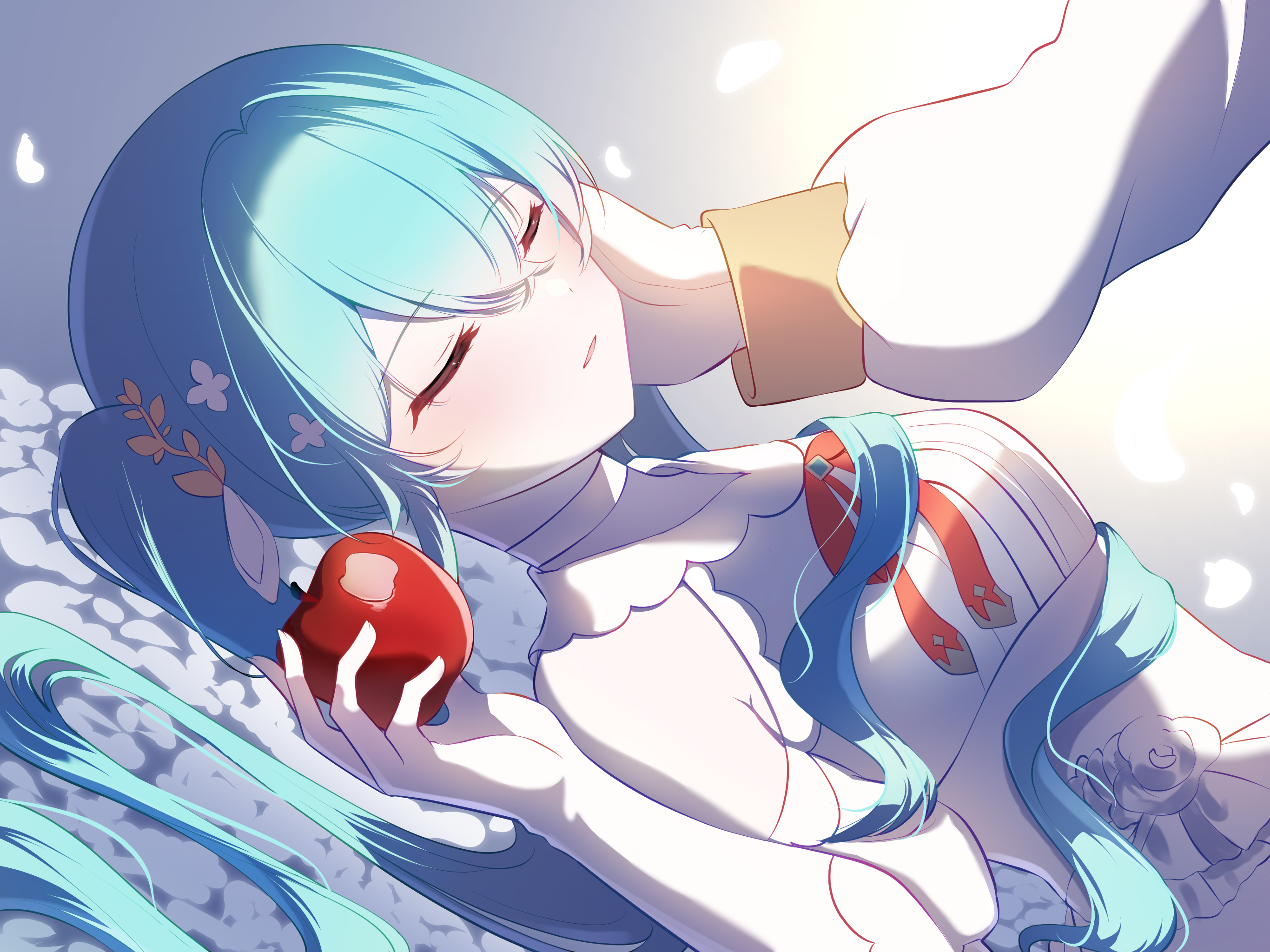 yomomo14, hatsune miku, shiroi yuki no princess wa (vocaloid), vocaloid, highres, 1girl, 1other, apple, aqua hair, blush, breasts, closed eyes, detached sleeves, dress, food, fruit, hand on another's cheek, hand on another's face, holding, holding food, holding fruit, long hair, long sleeves, lying, medium breasts, on back, parted lips, sleeveless, sleeveless dress, twintails, upper body, very long hair