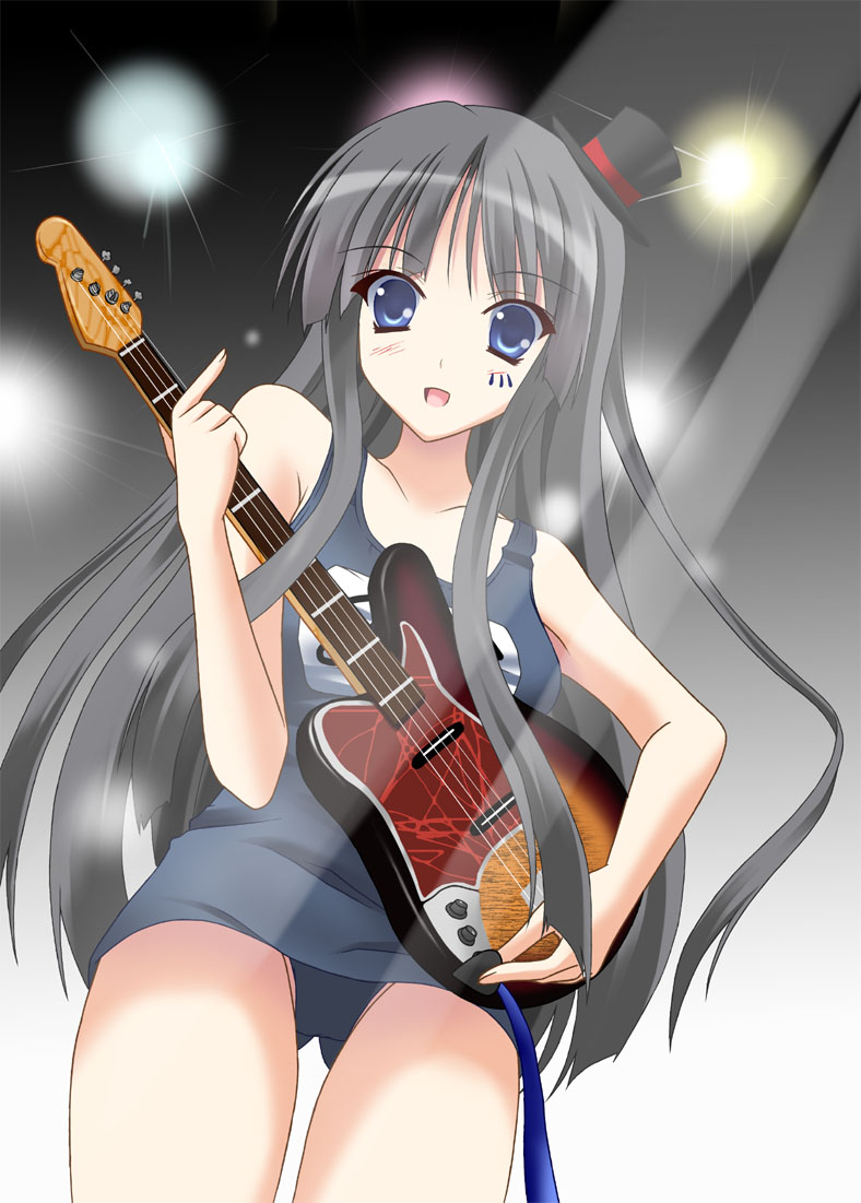 kurochima, akiyama mio, k-on!, 00s, 1girl, bass guitar, black hair, blue eyes, facepaint, female focus, from below, guitar, hat, instrument, long hair, mini hat, mini top hat, one-piece swimsuit, plectrum, school swimsuit, solo, spotlight, swimsuit, top hat
