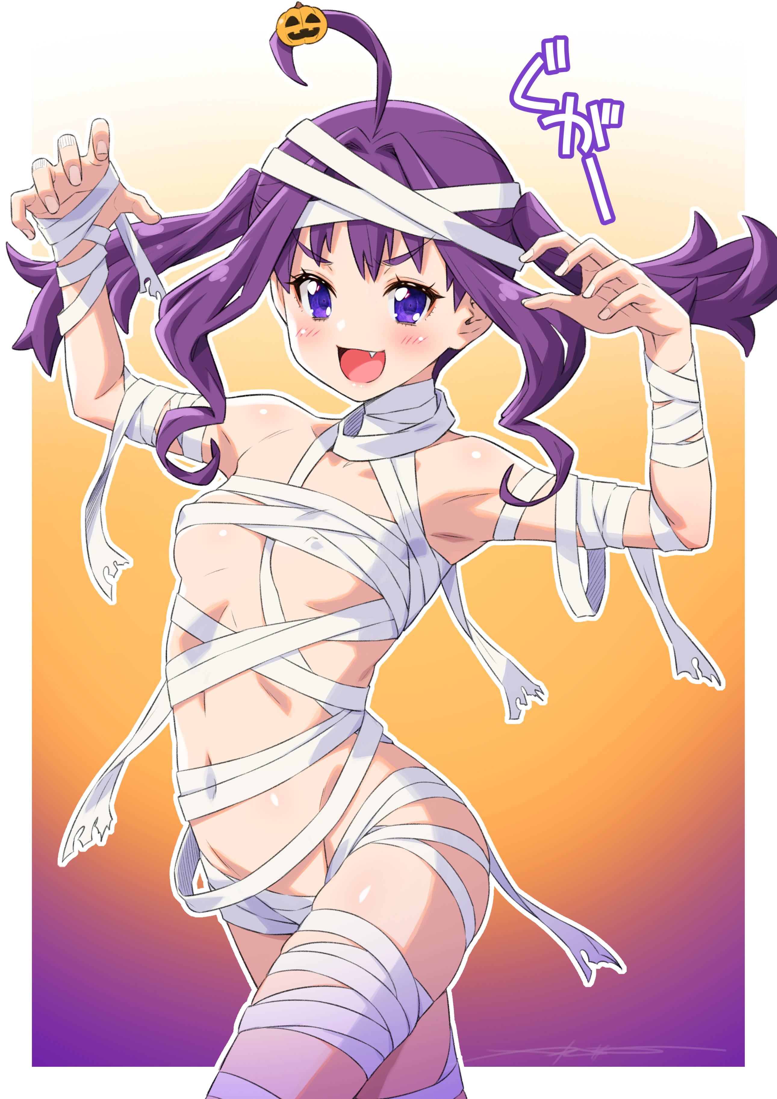 kazuma muramasa, shigure kokoro, kimi to idol precure, precure, absurdres, highres, 1girl, :d, ahoge, armpits, bandages, breasts, covered erect nipples, fang, fingernails, gradient background, hair ornament, halloween, jack-o'-lantern, jack-o'-lantern hair ornament, looking at viewer, medium hair, mummy costume, naked bandage, open mouth, orange background, purple background, purple eyes, signature, small breasts, smile, solo, standing, twintails