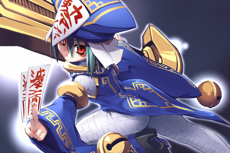 redrantem, tomoshibi hidekazu, original, 1girl, ass, bandages, bell, borrowed character, female focus, green hair, huge weapon, jiangshi, jingle bell, ofuda, red eyes, solo, sword, tag, weapon