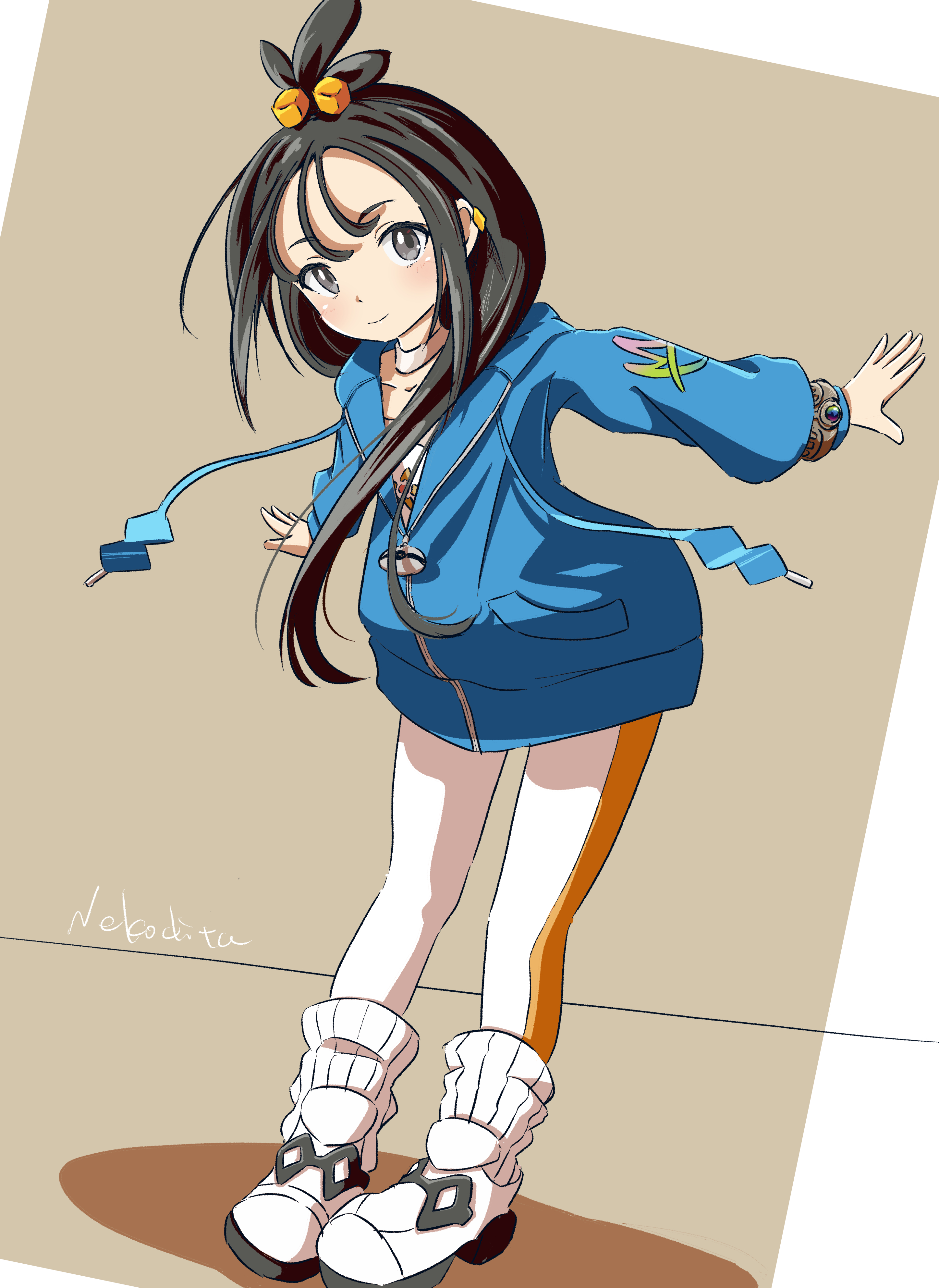 asuka (pixiv82529874), lida (pokemon), nintendo, pokemon, pokemon legends: z-a, absurdres, commentary, highres, 1girl, black hair, blue hoodie, bracelet, closed mouth, cube hair ornament, earclip, grey eyes, hair ornament, hood, hood down, hoodie, jewelry, leaning forward, leggings, long hair, long sleeves, ribbed socks, shoes, signature, smile, socks, solo, standing, topknot, white leggings, white shoes, white socks, zipper, zipper pull tab