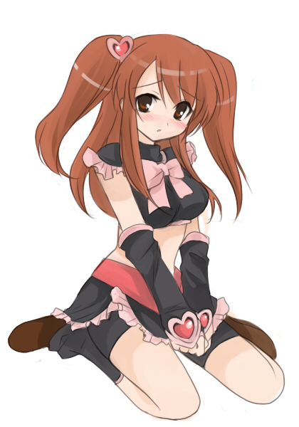 rioriko, asahina mikuru, cure black, futari wa precure, precure, suzumiya haruhi no yuuutsu, 1girl, bike shorts, bike shorts under skirt, black boots, blush, boots, brown eyes, brown hair, cosplay, cure black (cosplay), elbow gloves, female focus, fingerless gloves, gloves, heart, kneeling, long hair, magical girl, midriff, official alternate hairstyle, shorts, shorts under skirt, sitting, solo, twintails, two side up, wariza, white background