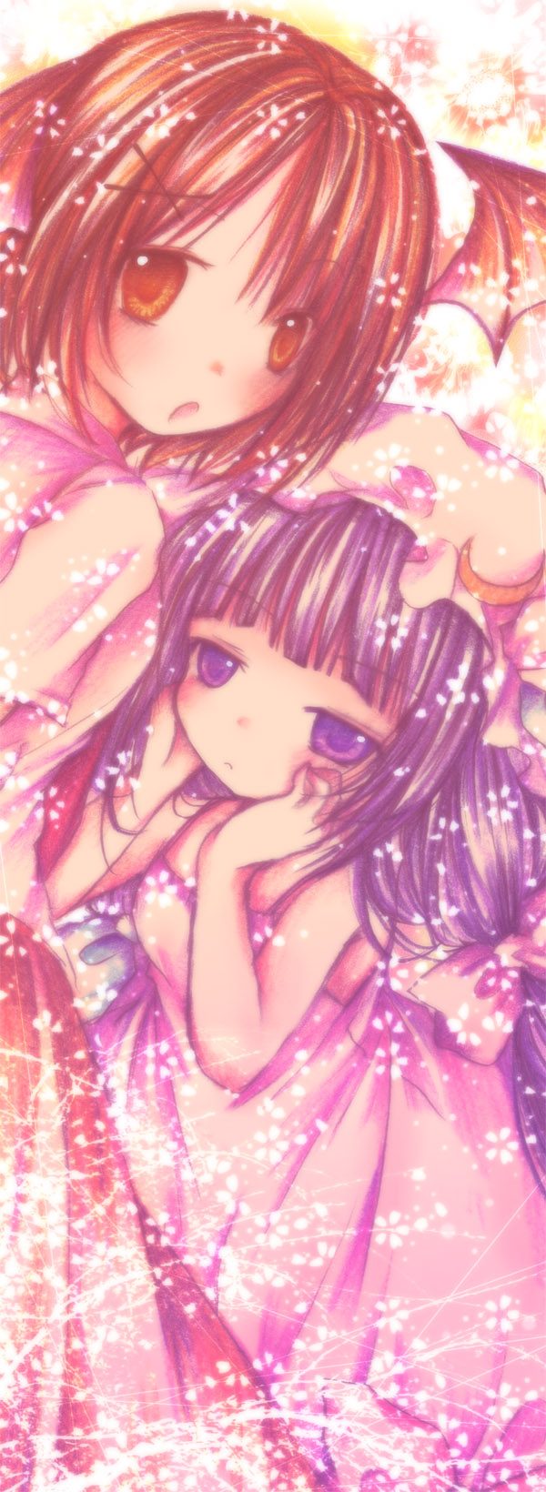 kasuga sunao, koakuma, patchouli knowledge, embodiment of scarlet devil, touhou, bad id, bad pixiv id, highres, 2girls, female focus, flower, hat, head wings, multiple girls, purple eyes, purple hair, red eyes, red hair, wings