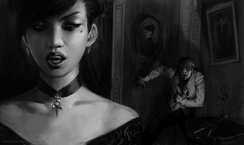 jason chan, blood, curtains, dark, monochrome, painting (action), vampire