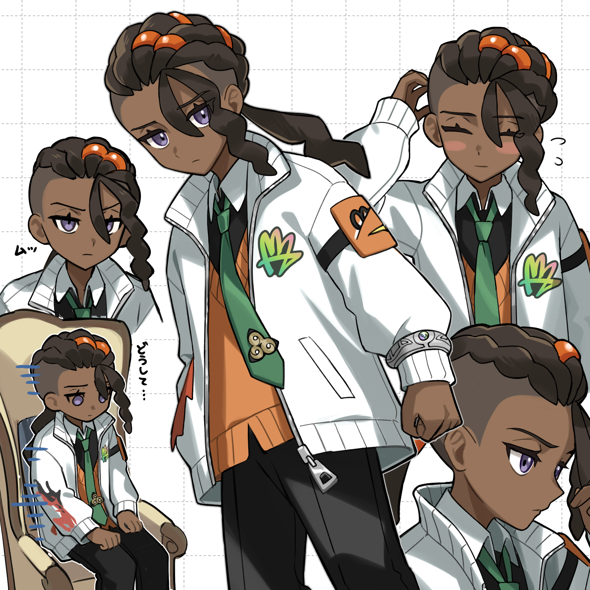 iruiru popopo, naveen (pokemon), nintendo, pokemon, pokemon legends: z-a, commentary request, highres, 1boy, black pants, black shirt, blush stickers, bracelet, chair, clenched hand, closed mouth, collared shirt, dark-skinned male, dark skin, flying sweatdrops, green necktie, grid background, hair between eyes, hand up, jacket, jewelry, long sleeves, looking down, male focus, multiple views, necktie, open clothes, open jacket, orange vest, pants, shirt, sitting, vest, white jacket, zipper pull tab