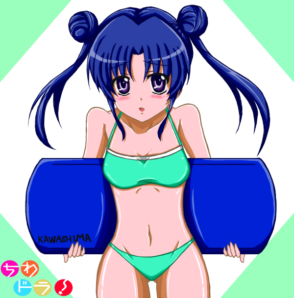 omega+, kawashima ami, toradora!, 00s, 1girl, bad anatomy, bare shoulders, bikini, blue hair, blush, bodyboard, double bun, female focus, green bikini, hair bun, holding, long hair, navel, poorly drawn, purple eyes, solo, swimsuit